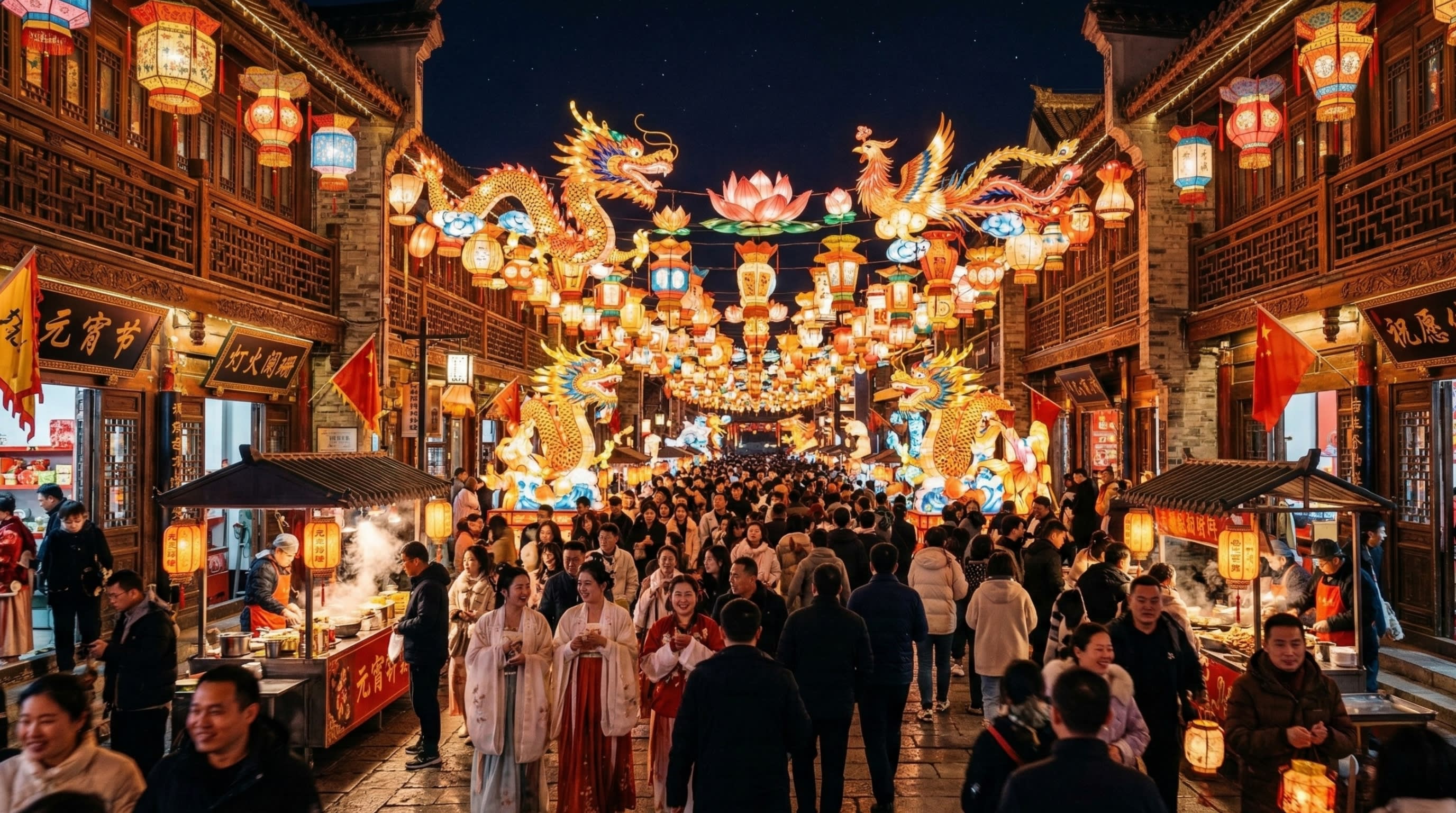 Hero Image - A magnificent cinematic wide shot of a bustling traditional Chinese Lantern Festival at night, illuminated by thousands of glowing silk lanterns