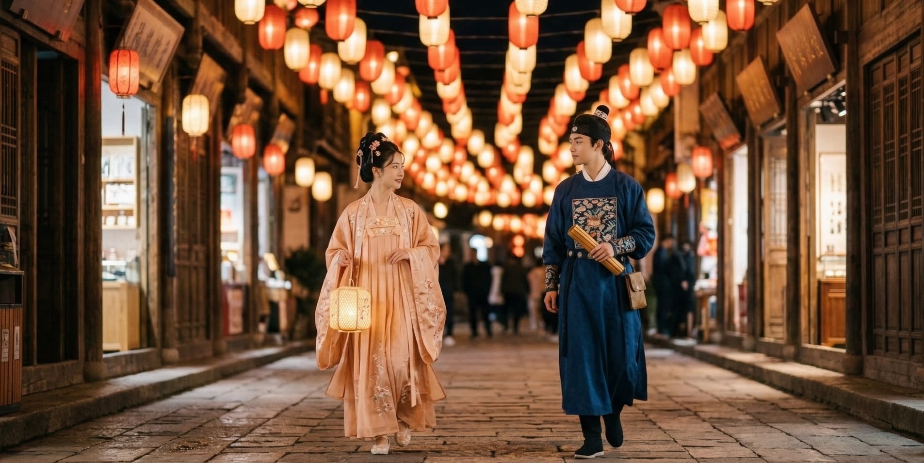 A soft-focus photography shot of a handsome young ancient Chinese scholar and a beautiful young woman crossing paths under glowing lanterns