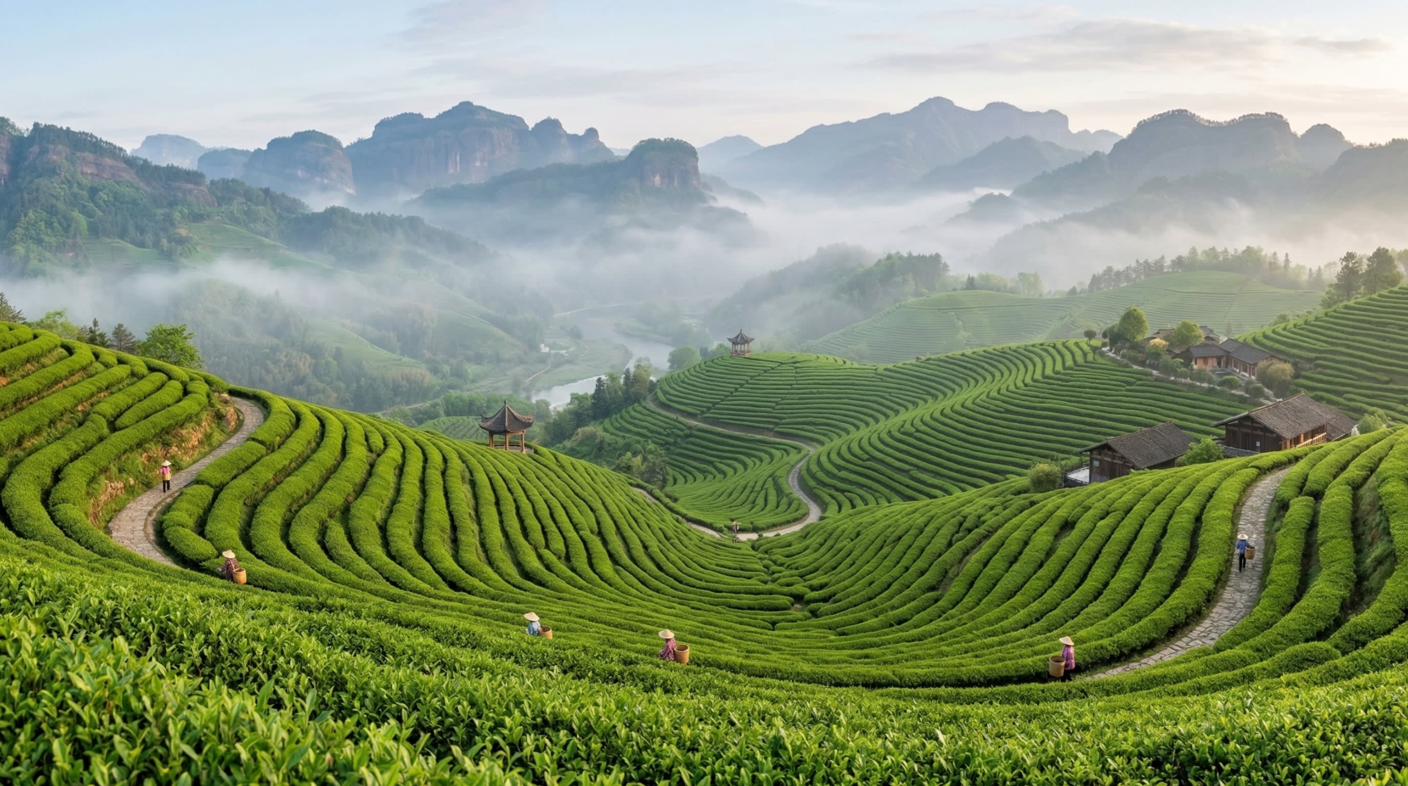 Hero Image - A breathtaking cinematic wide shot of a lush green Chinese tea garden on rolling hills in early spring, covered in soft morning mist
