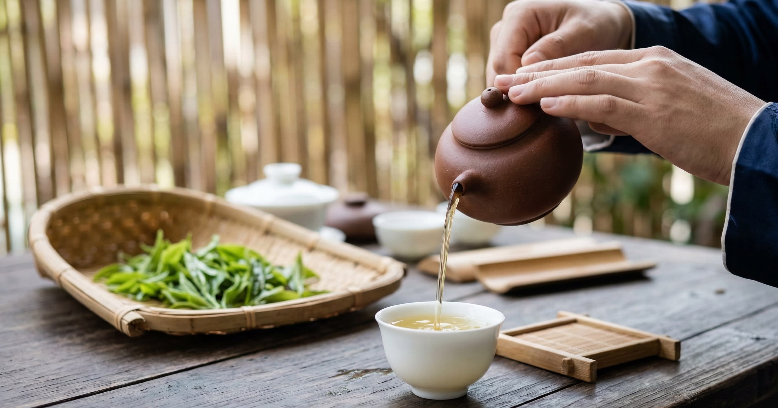 A serene close-up of a person pouring pale, golden-green tea into a small porcelain cup with fresh tea leaves in the background