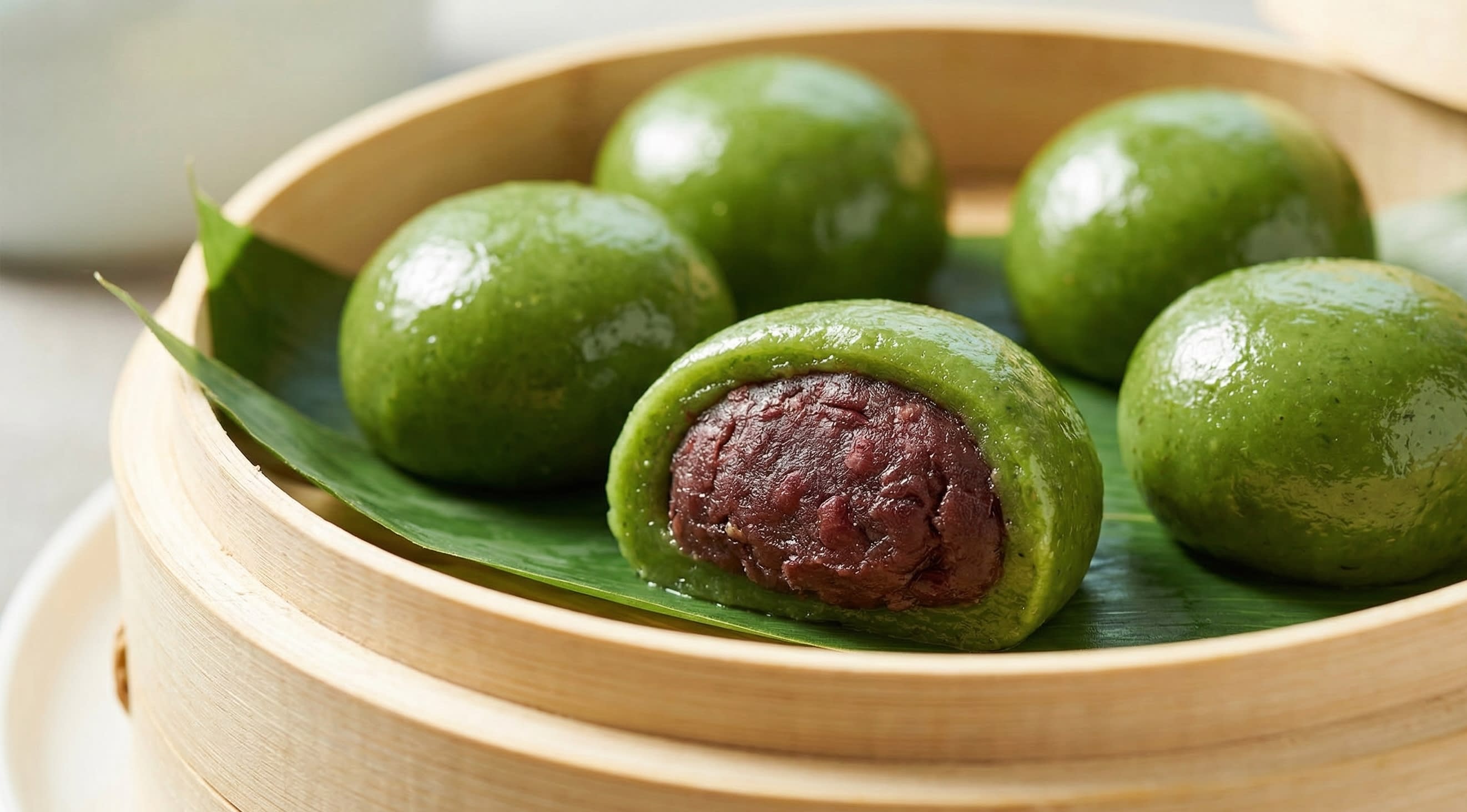 Bright green, glossy Qingtuan (glutinous rice balls) resting on a traditional bamboo steamer