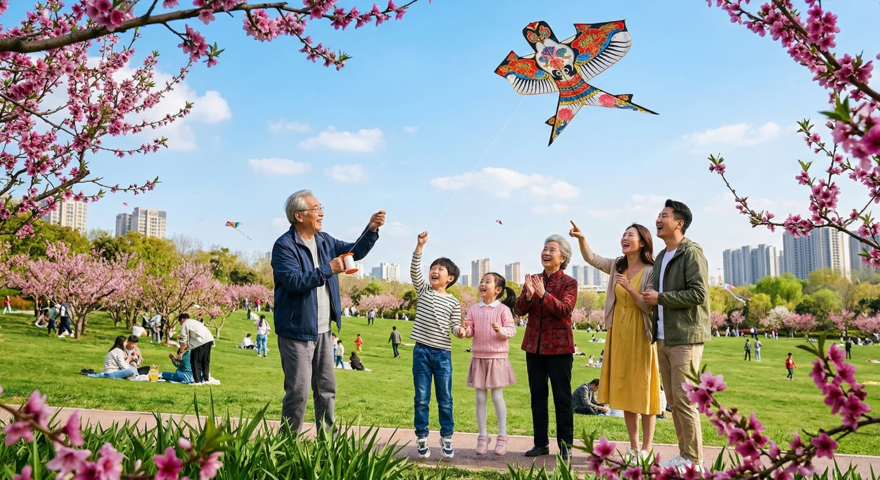 A joyful Chinese family flying a traditional intricate swallow-shaped kite against a clear blue sky in a blooming park
