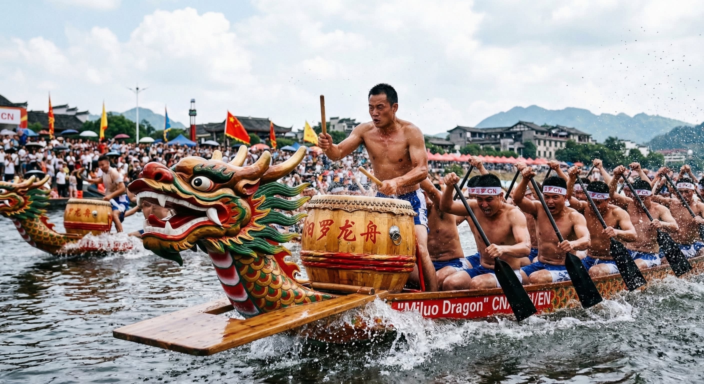 Hero Image - A breathtaking, cinematic action shot of a fierce traditional Chinese dragon boat race with a drummer leading the crew through splashing water