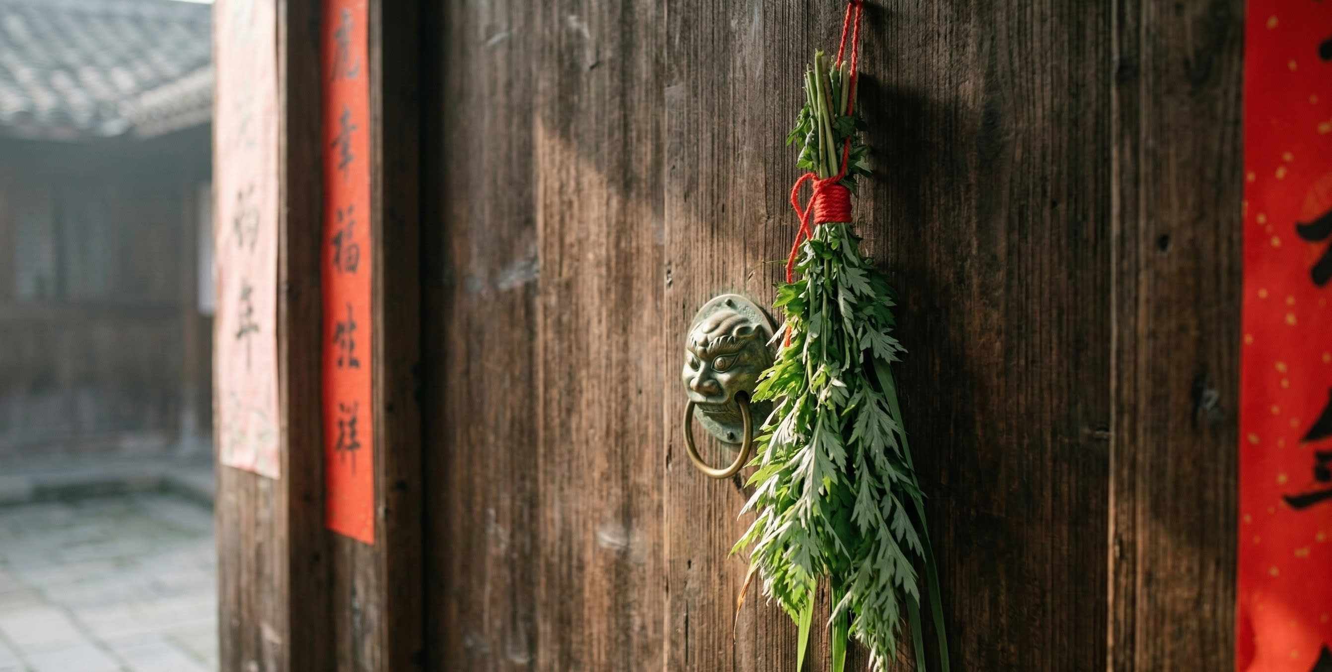 A fresh, green bundle of mugwort and calamus herbs hanging from a traditional weathered Chinese wooden door