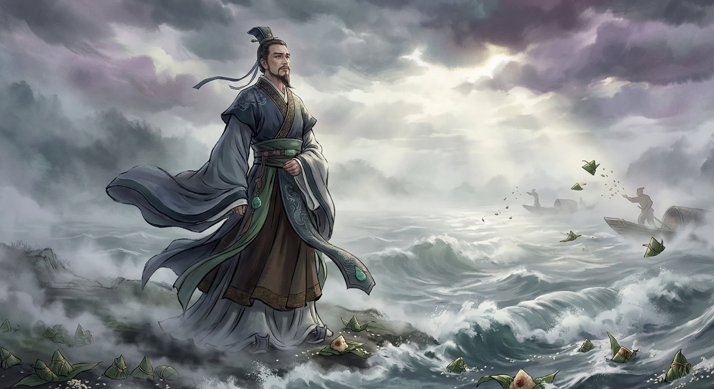 A stylized, moody digital painting of the ancient Chinese poet Qu Yuan standing sorrowfully on the misty banks of a roaring river