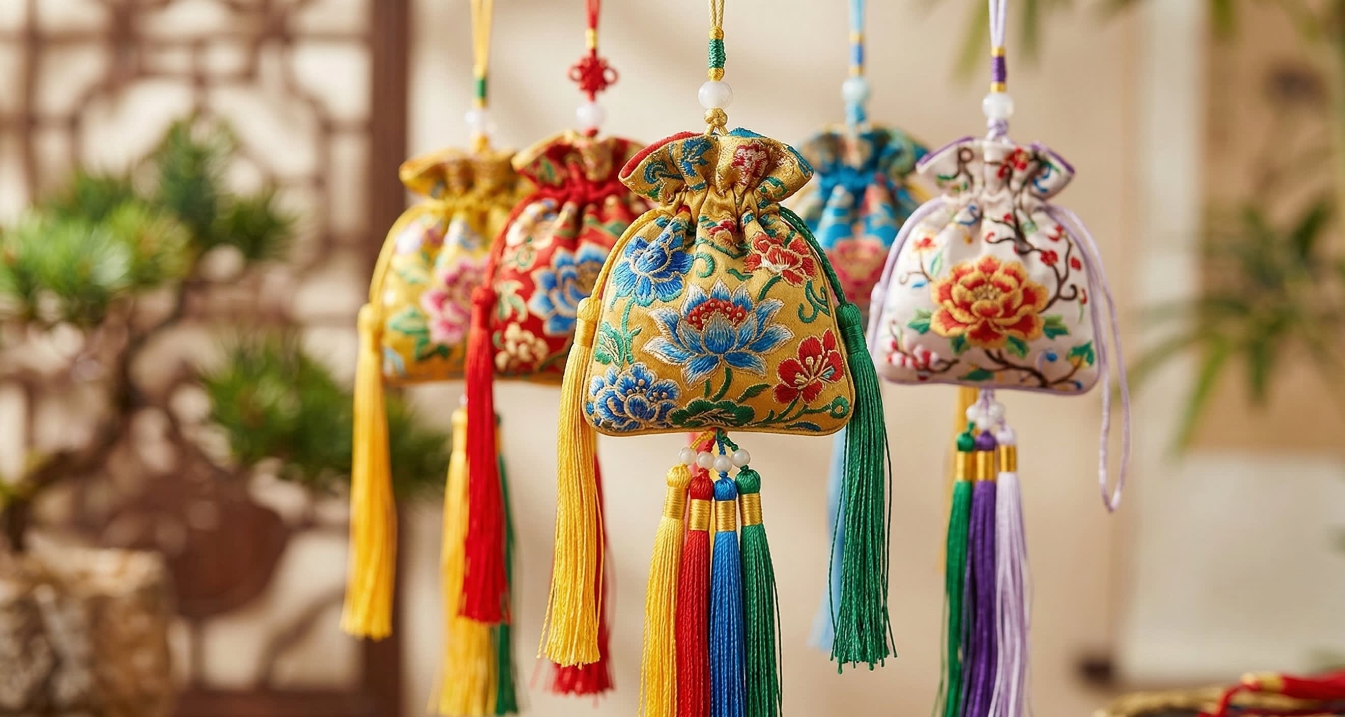A beautifully embroidered traditional Chinese scented sachet (Xiangbao) with five-color silk tassels