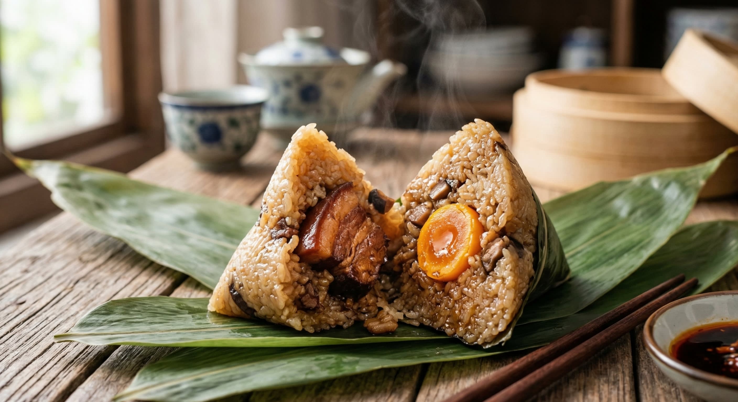 A split-open traditional Zongzi revealing shiny glutinous rice, marinated pork belly, and a bright orange salted duck egg yolk
