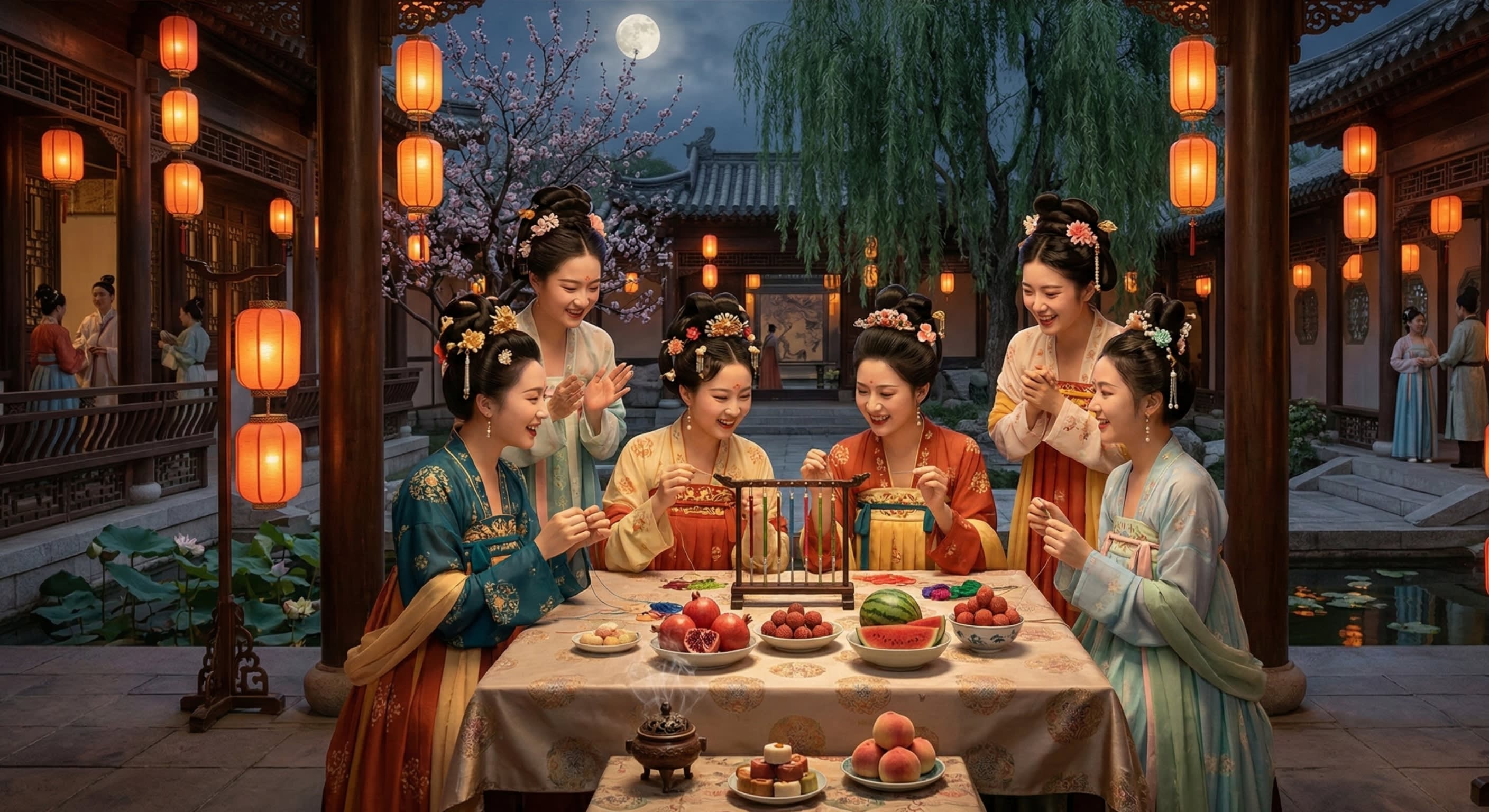 A scene in a traditional Chinese courtyard showing young women competing in a needle-threading ritual under the moonlight