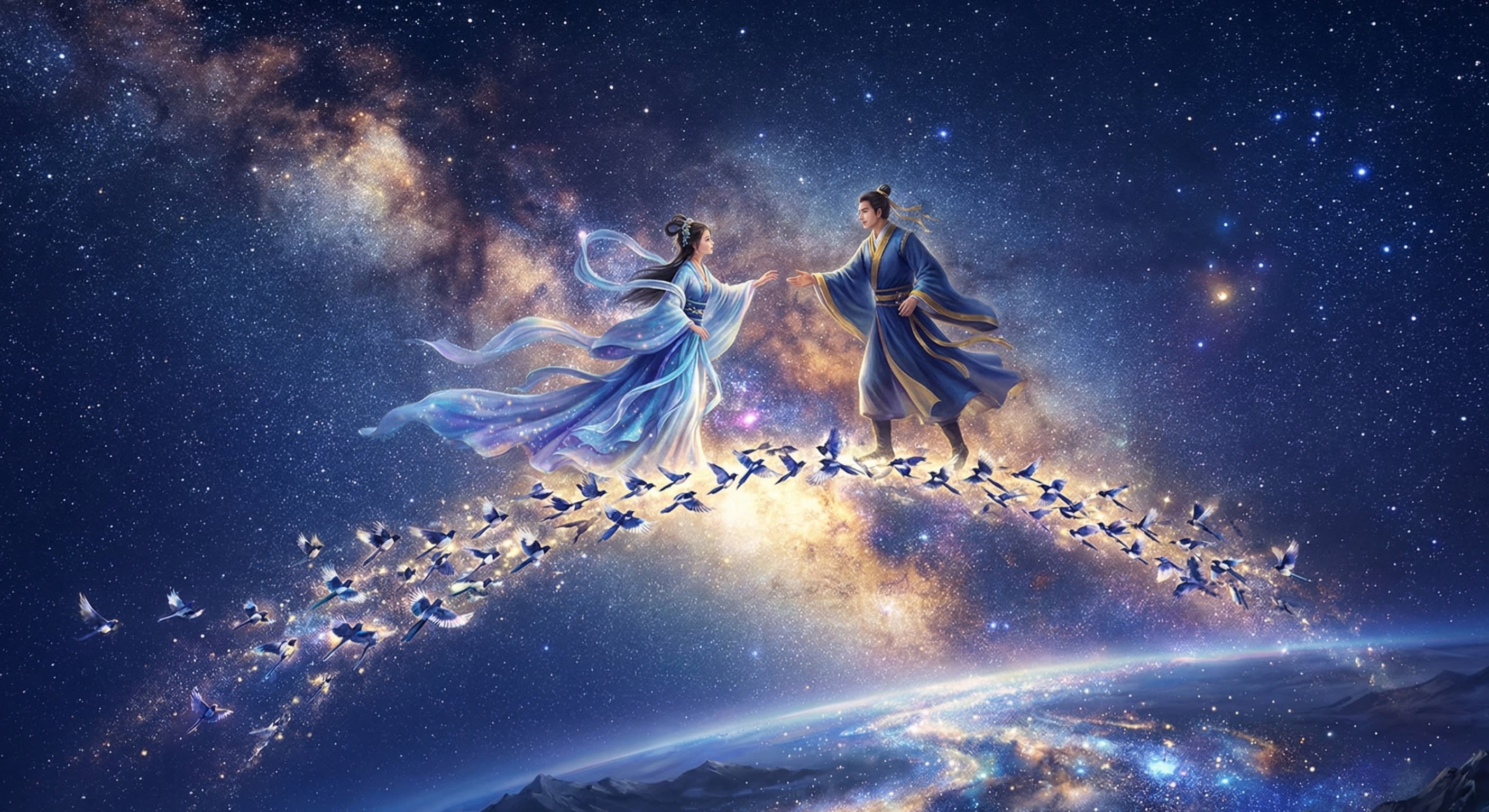 Hero Image - A stunning digital painting of thousands of magpies forming a bridge over the Milky Way for two lovers in ancient Chinese robes
