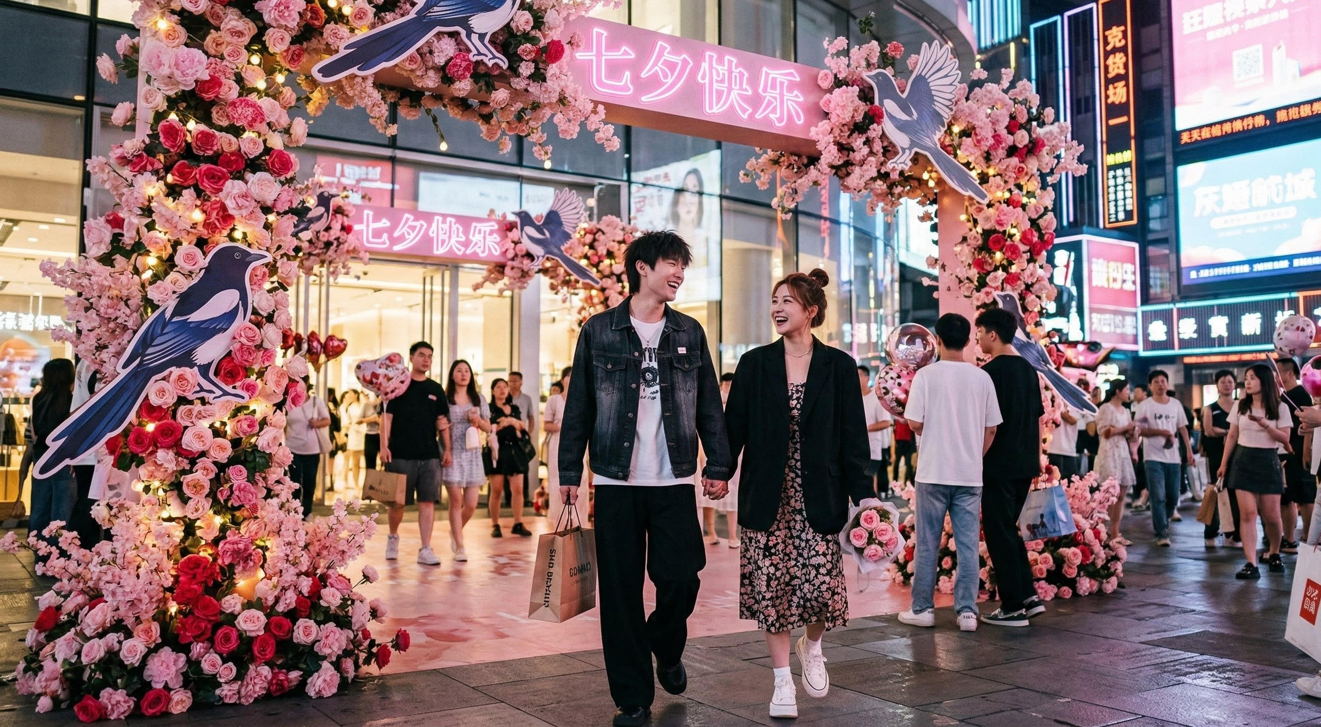 A modern street photography shot of a Chinese mall decorated with pink flower installations and magpie motifs for the Qixi Festival