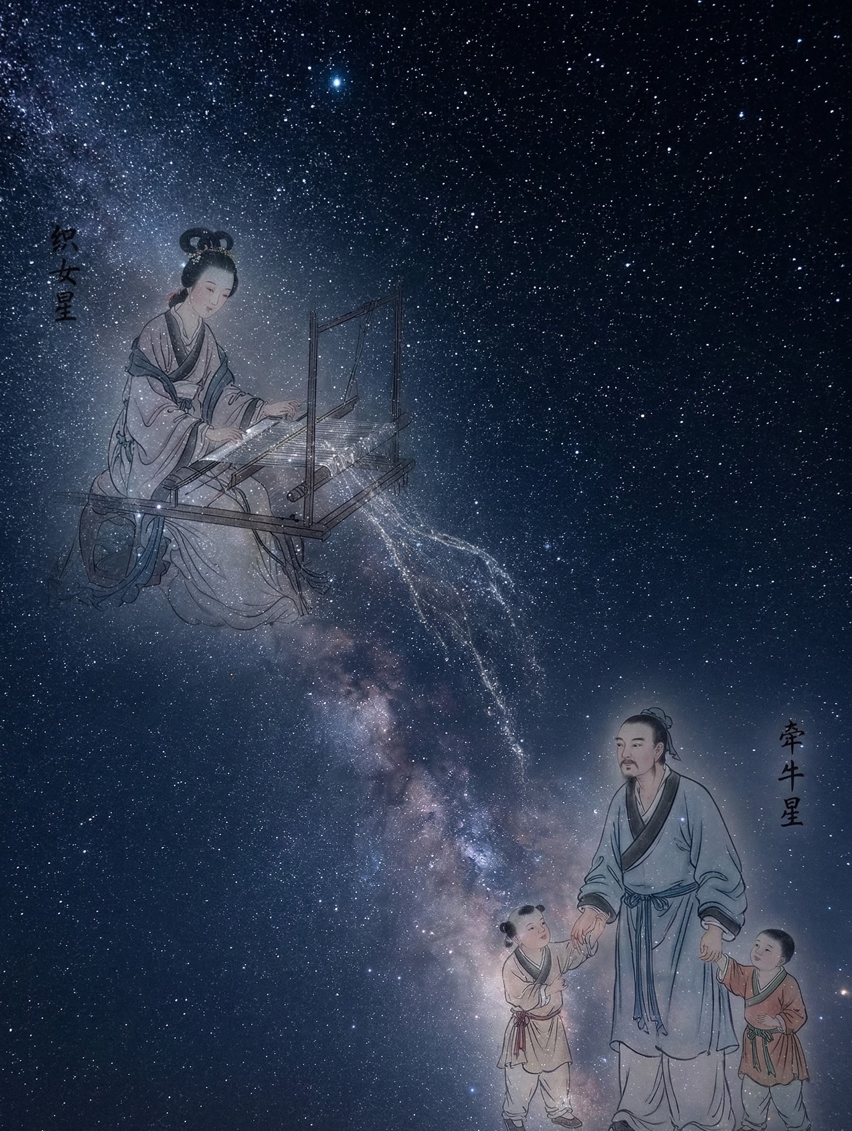 A photography shot of the bright stars Vega and Altair in the night sky, with faint illustrations of the Cowherd and Weaver Girl