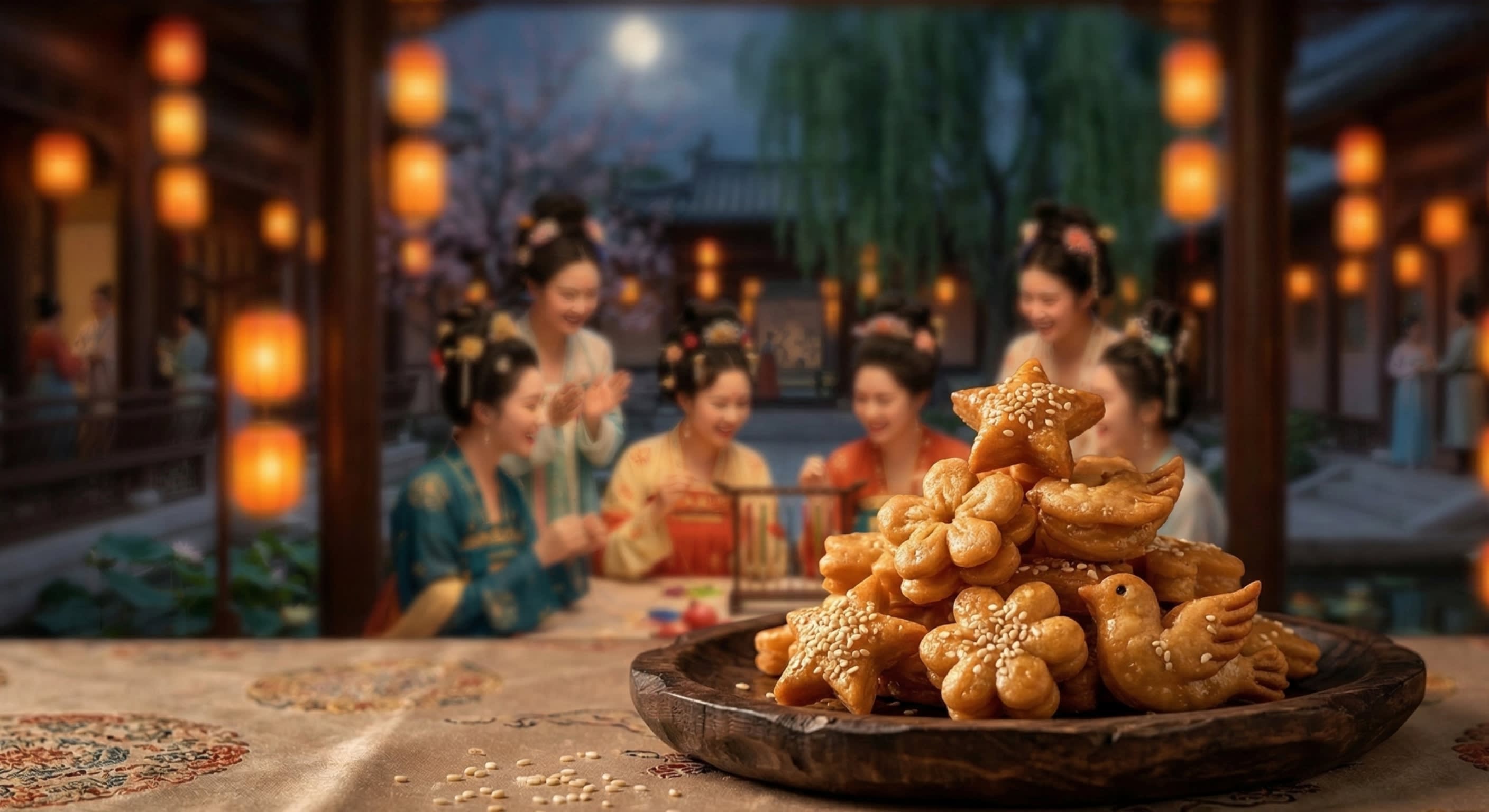 A high-quality food photography shot of golden-brown intricately shaped Qiaoguo pastries on a rustic wooden plate