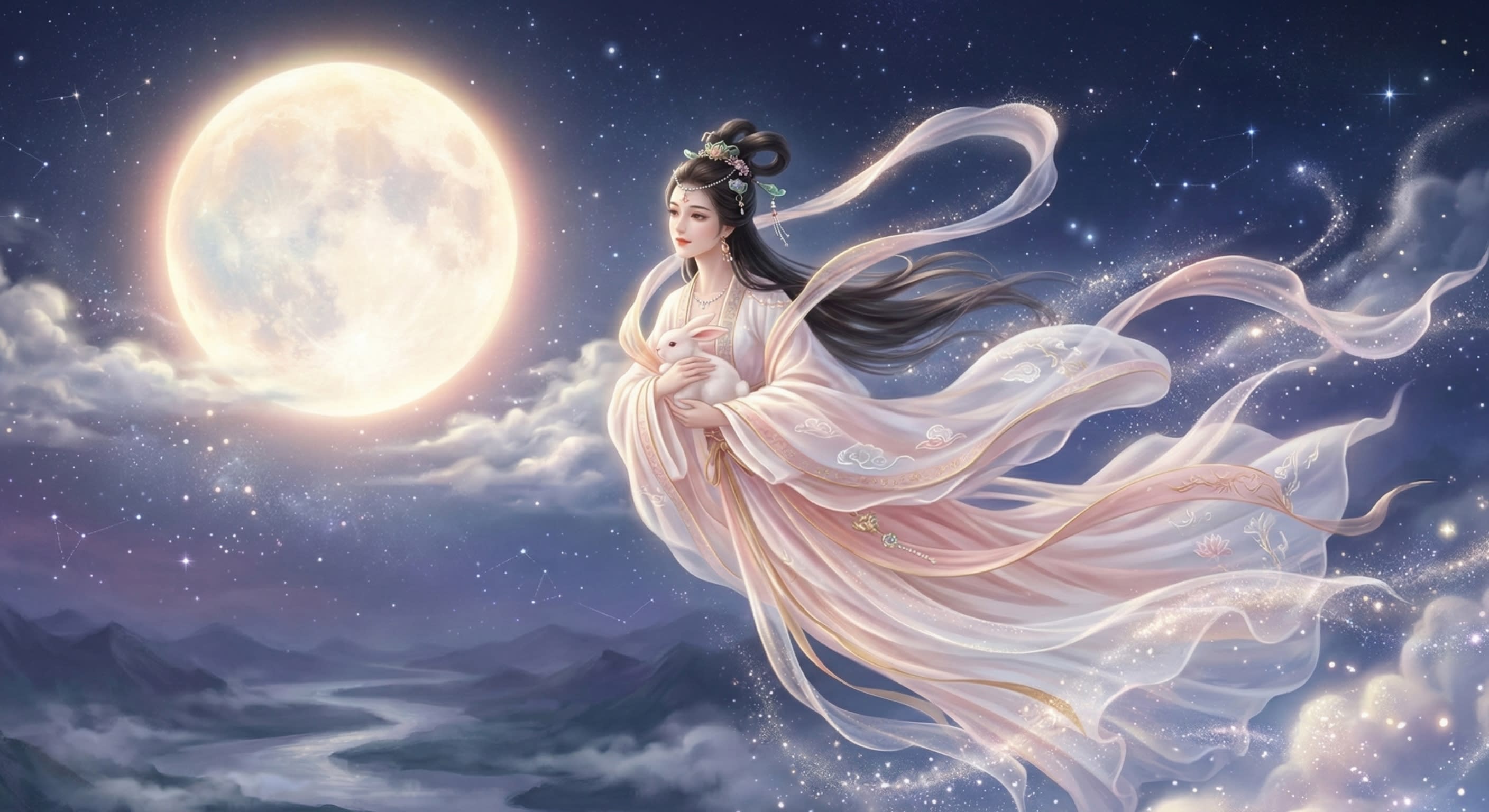 An ethereal digital painting of the goddess Chang'e flying toward the glowing moon with a small white rabbit in her arms