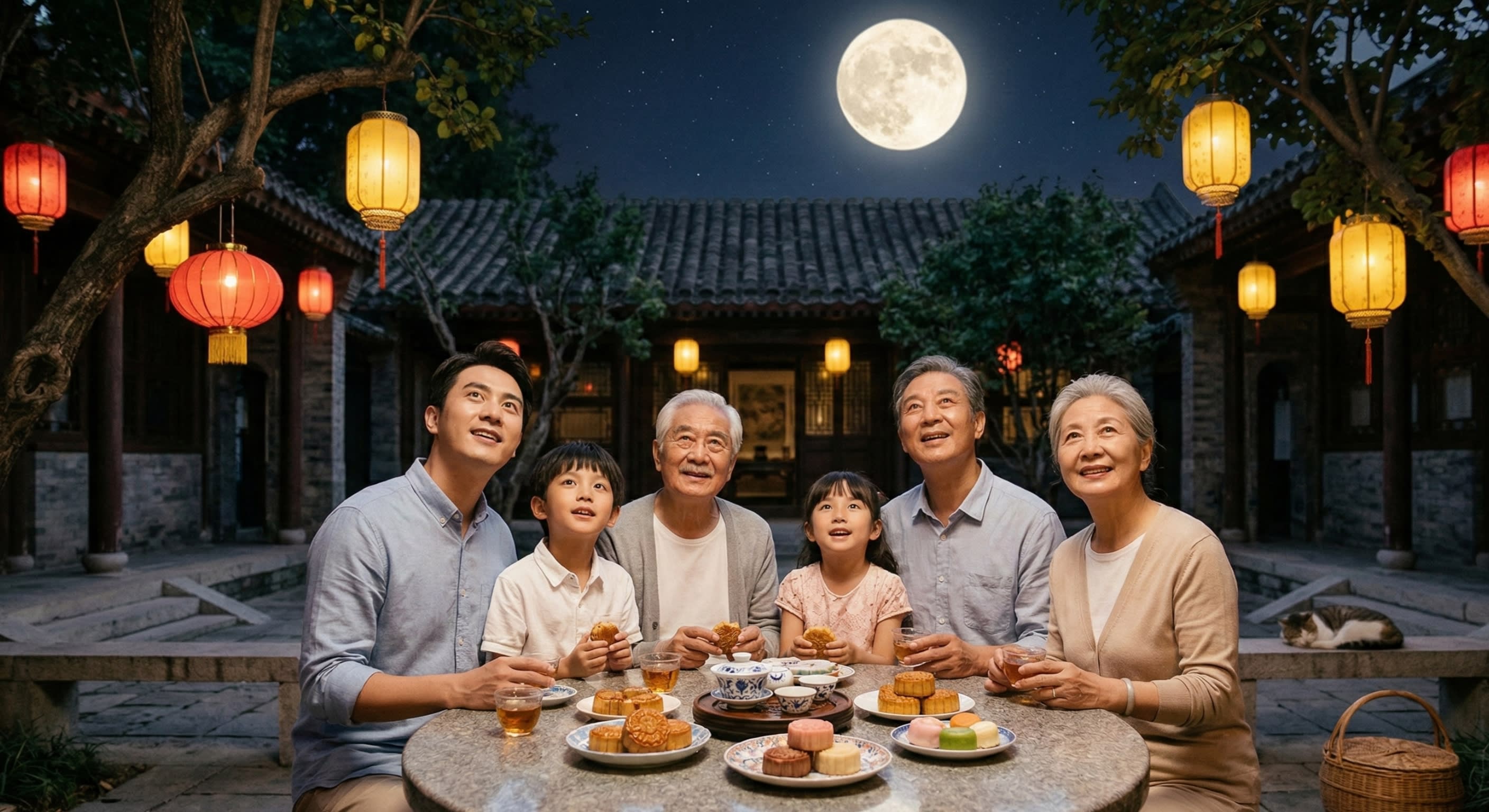 A heartwarming night scene of a three-generation family sitting in a courtyard, eating mooncakes and looking at the full moon