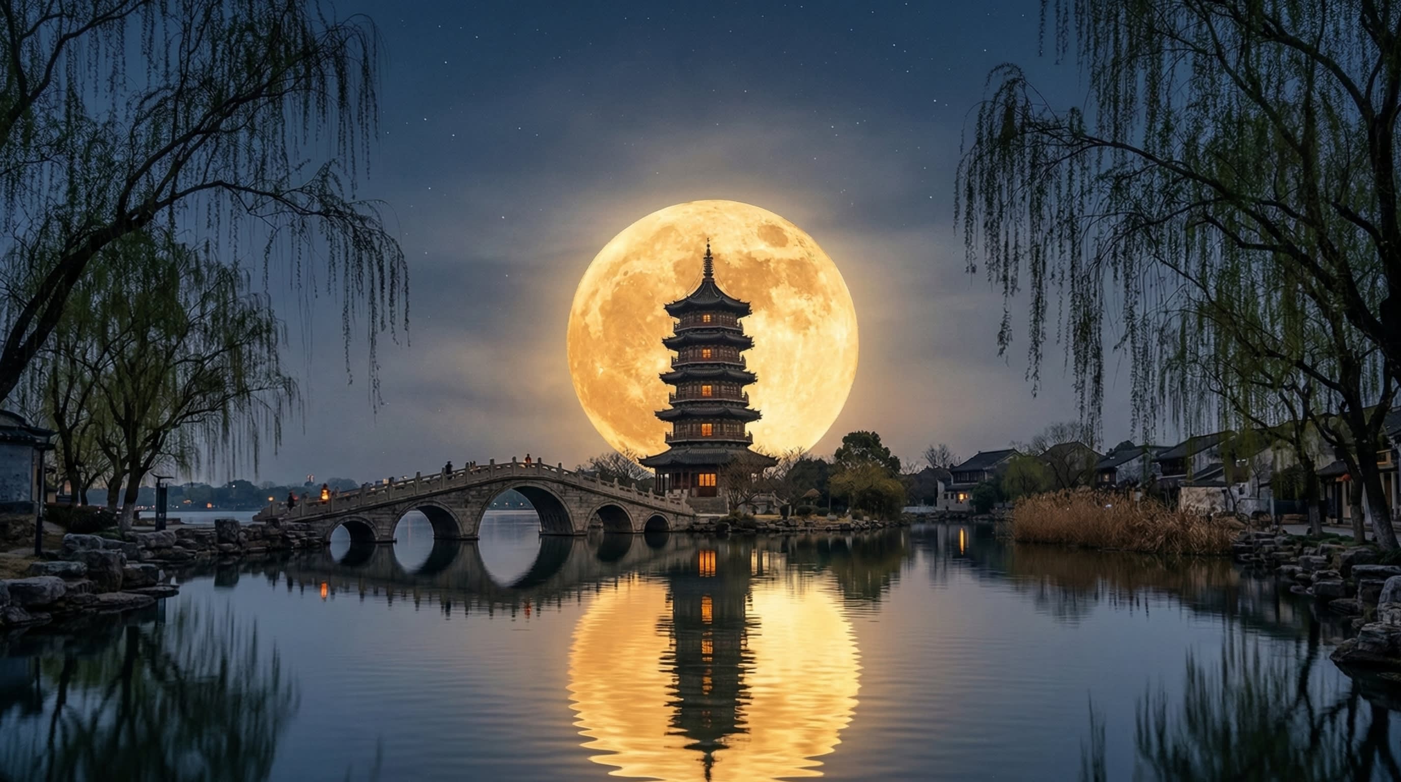 Hero Image - A breathtaking cinematic wide shot of a massive golden full moon rising behind a traditional Chinese pagoda and stone bridge