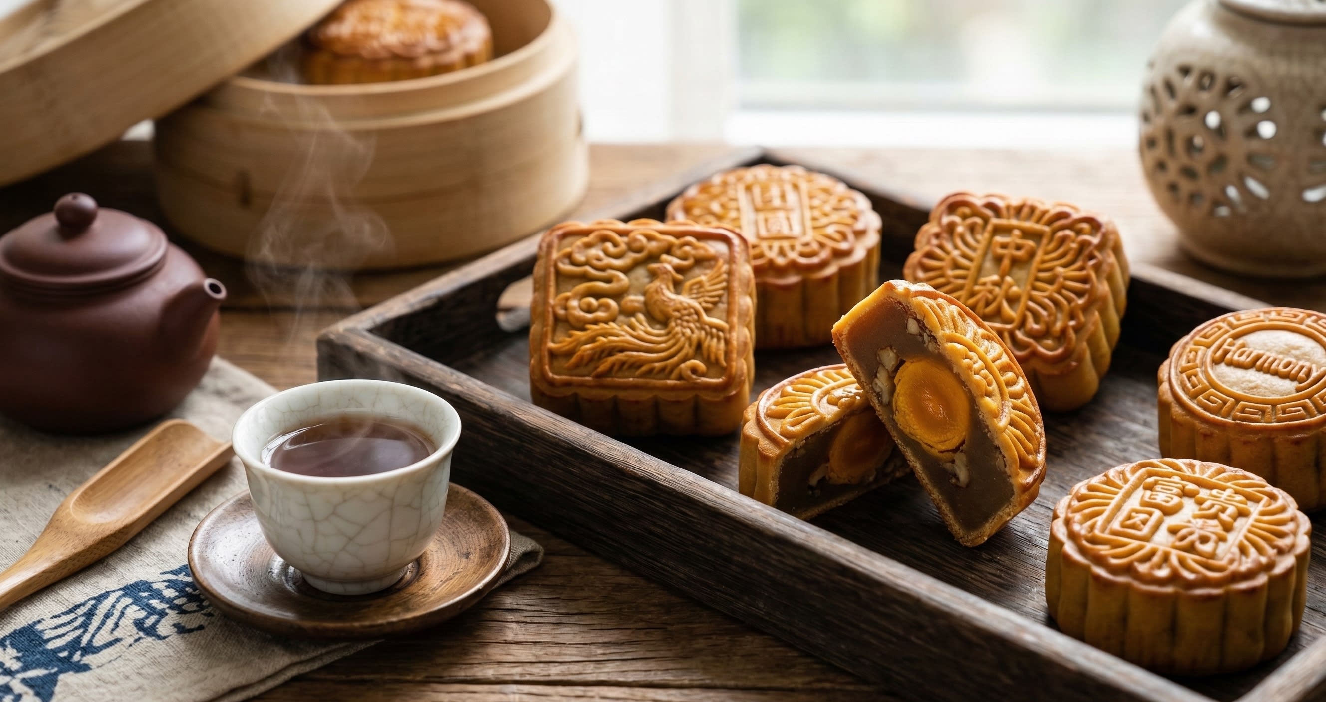 A high-quality food photography shot of an assortment of traditional mooncakes with one cut open to show a golden egg yolk