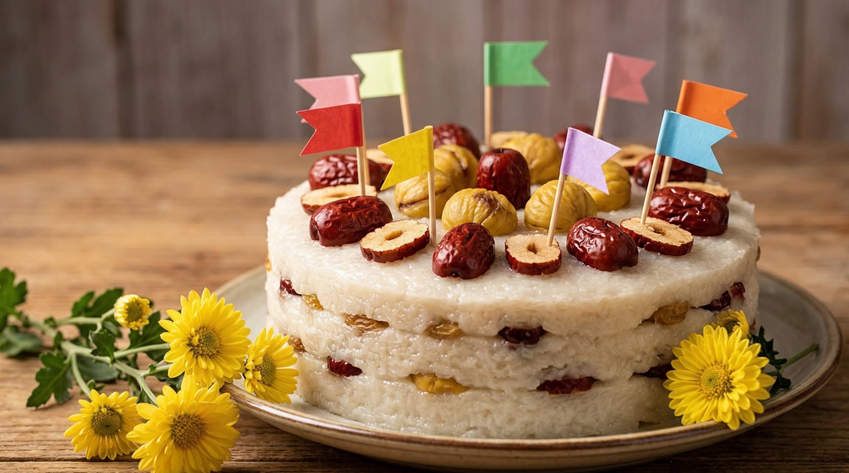 A high-quality food photography shot of a traditional multi-layered Chongyang Cake decorated with dates and chestnuts