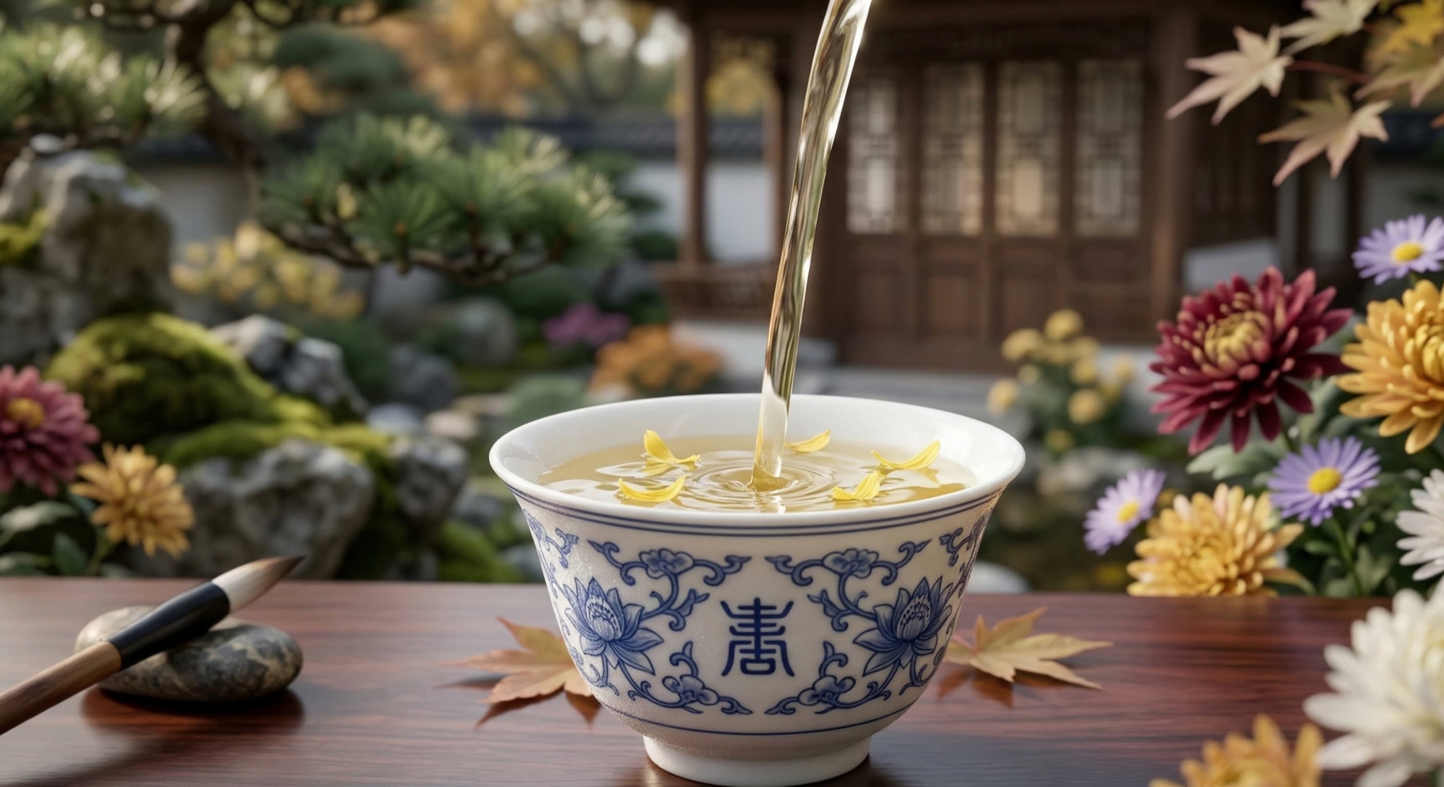 A close-up of a traditional Chinese porcelain cup being filled with pale gold chrysanthemum wine