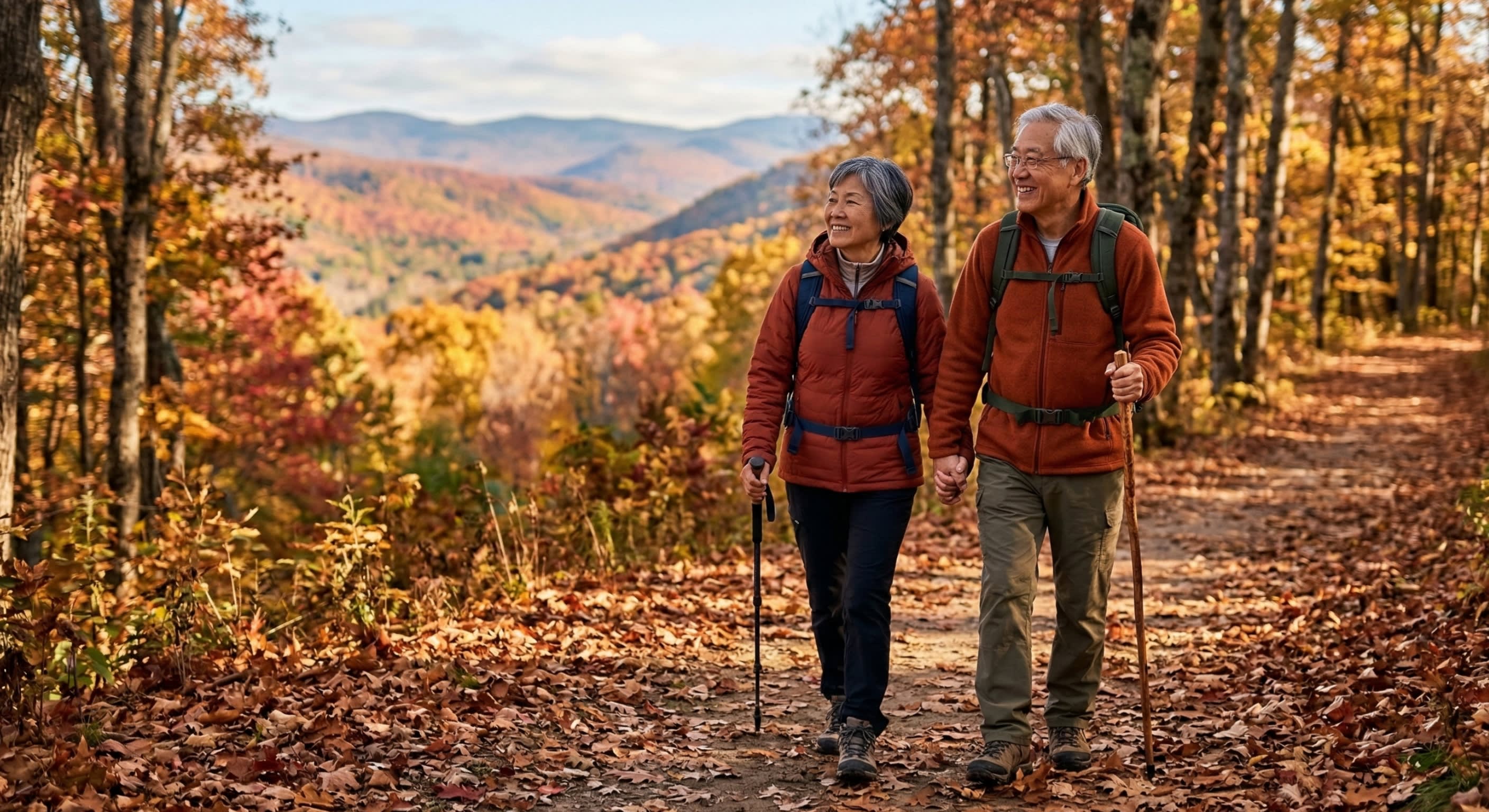 A heartwarming photography shot of an elderly Chinese couple in modern hiking gear smiling on a mountain trail