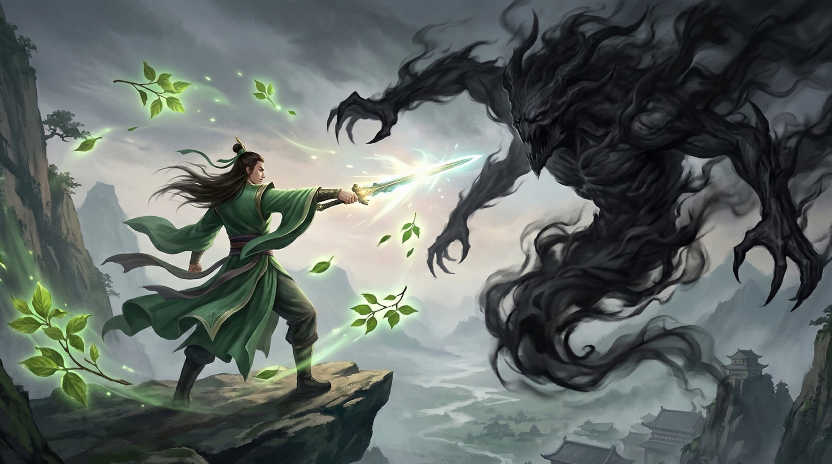 A dynamic digital painting of the hero Heng Jing fighting off a shadowy plague monster with a glowing sword