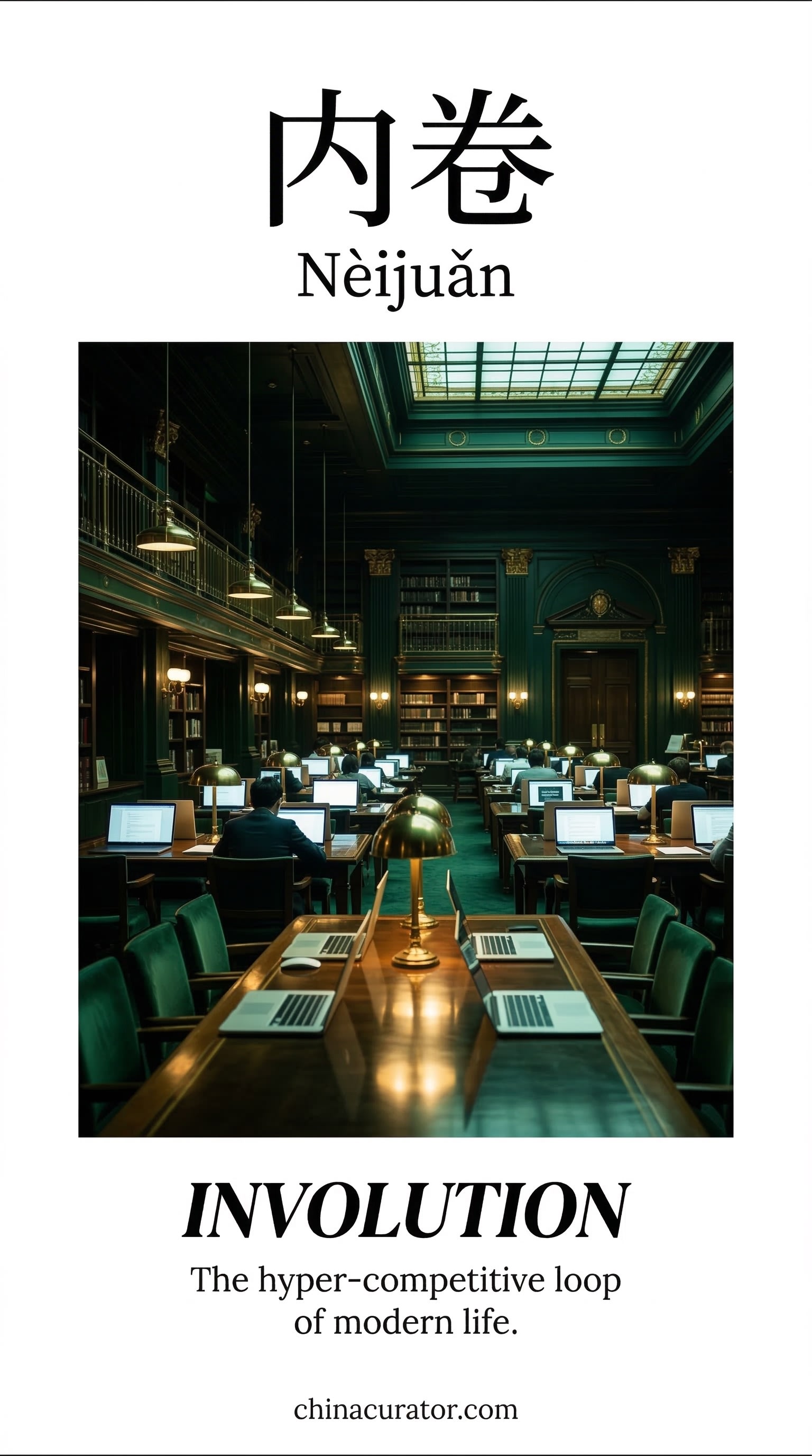 A high-end, dark library-style co-working space representing the contrast between deep focus and the exhaustion of involution