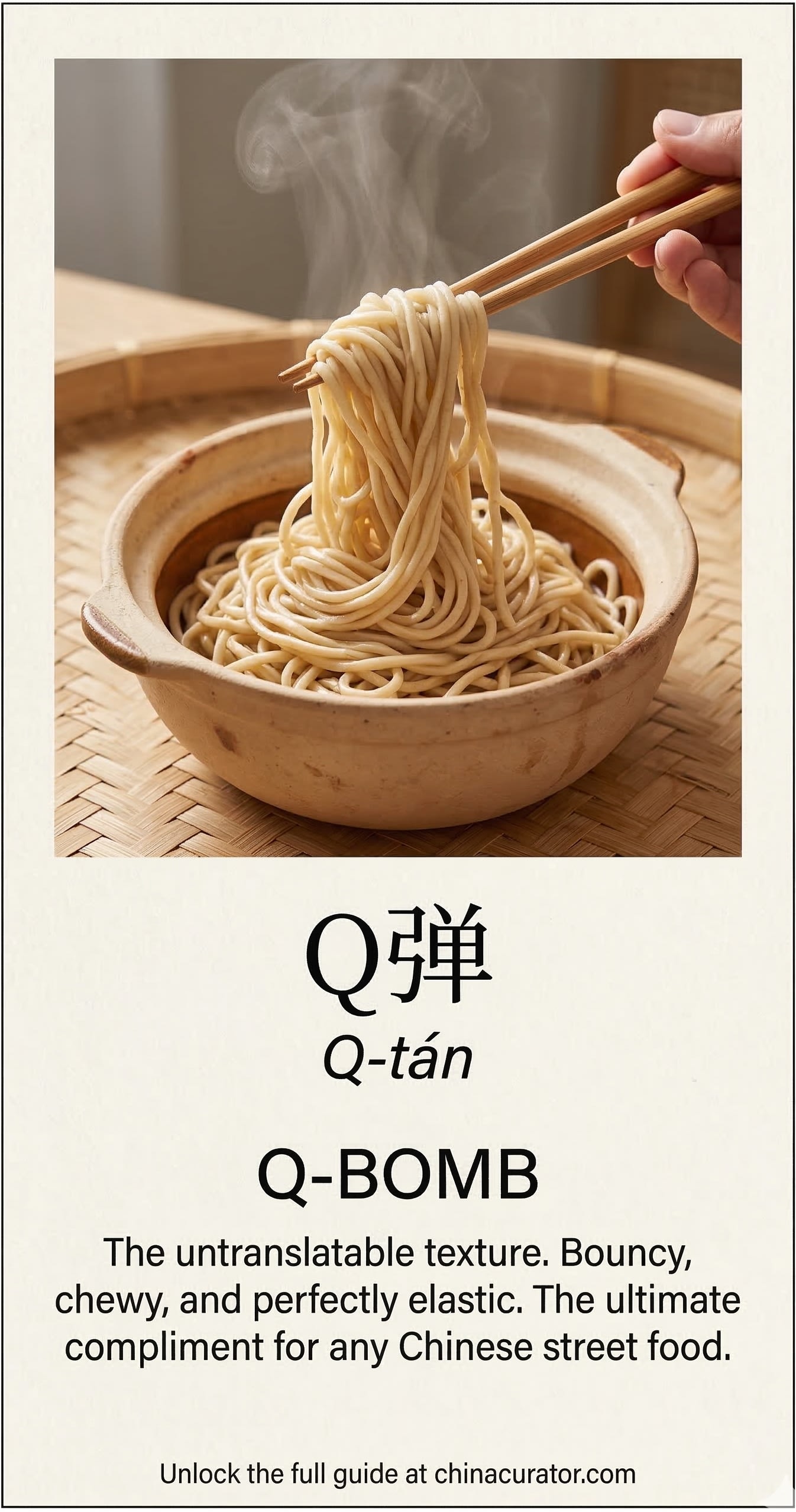 Close up of handmade noodles or boba pearls being lifted, representing the Q-Bomb culinary standard and the importance of texture