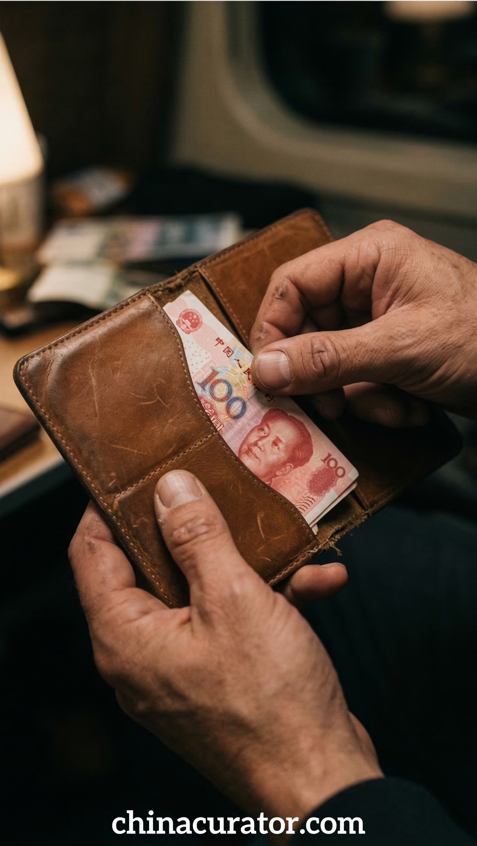 A close-up of a few small denomination Chinese Yuan bills tucked into a passport or phone case as an emergency stash