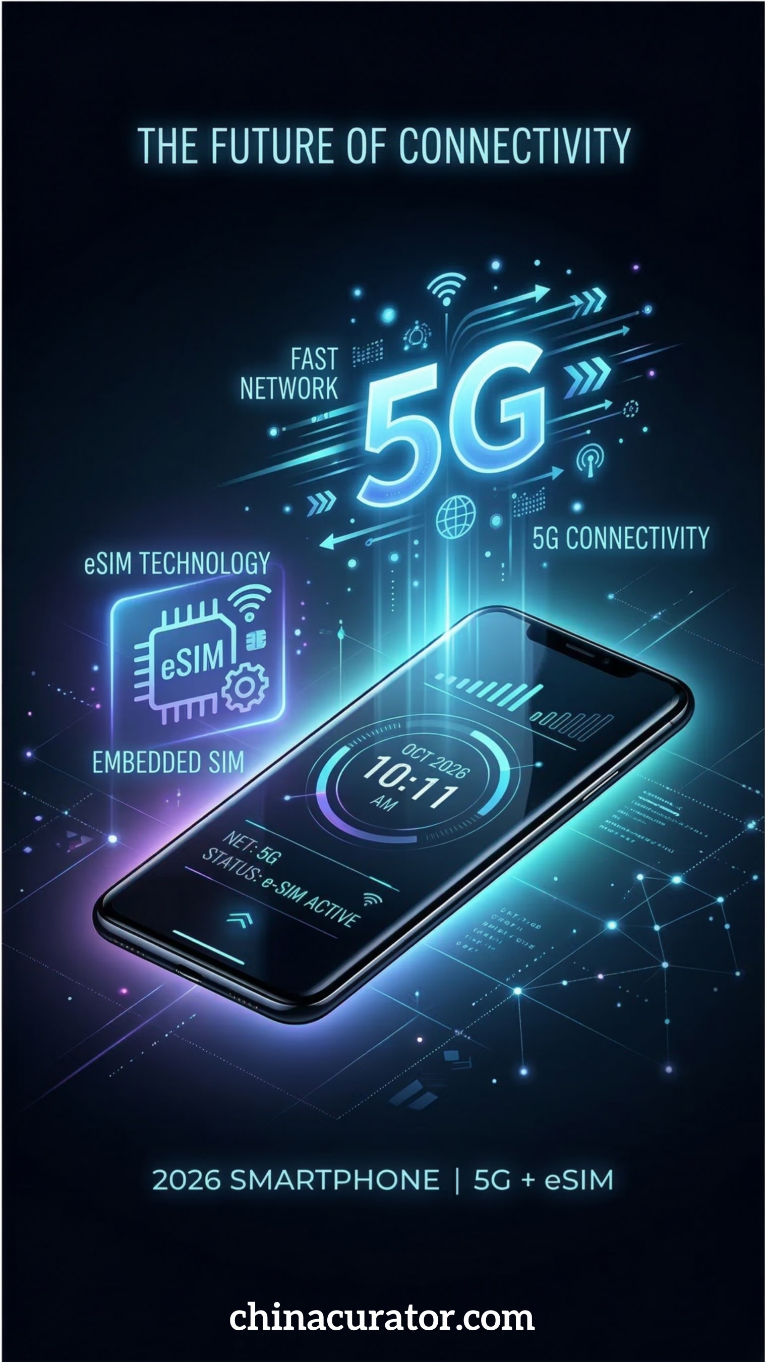 A digital illustration of a smartphone activating an eSIM, with icons representing seamless connectivity and app access