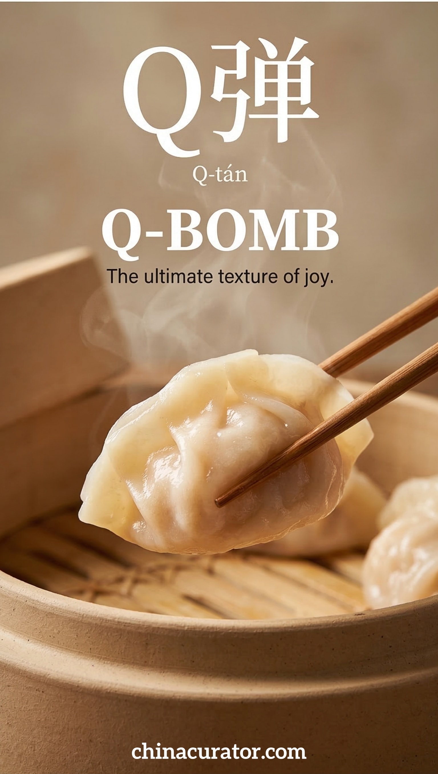 A macro, high-shutter speed shot of a pair of chopsticks lifting a single, translucent, bouncy dumpling that represents the 'Q-Bomb' texture