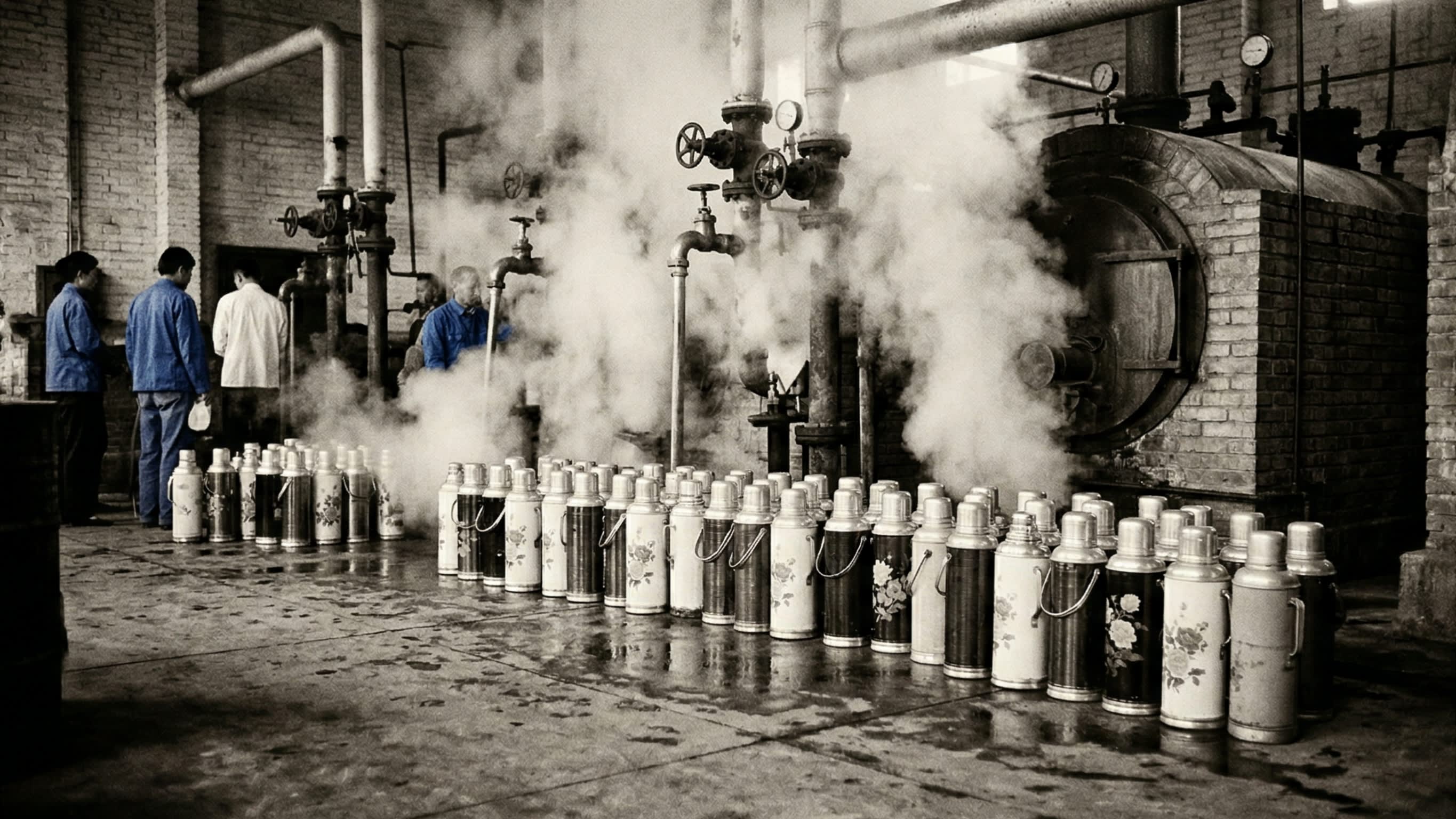 A nostalgic, high-contrast photography shot of a row of vintage Chinese floral-patterned thermoses lined up in a 1950s-style communal boiler room, with steam rising from the large industrial taps.