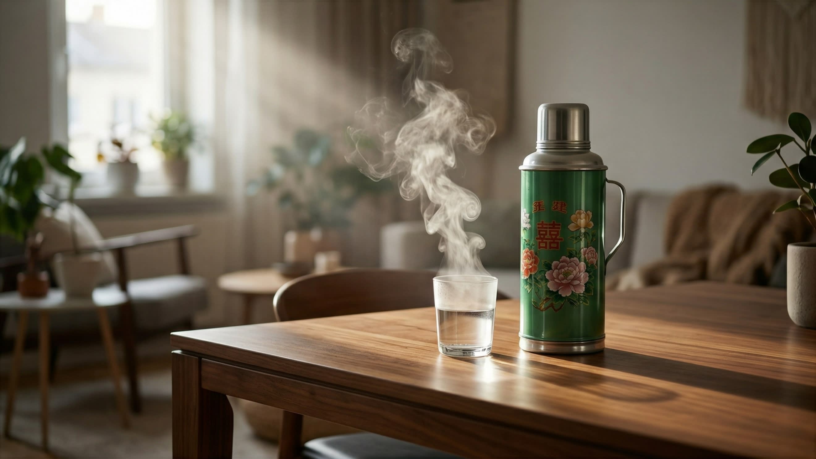 A cinematic, atmospheric shot of a traditional vintage Chinese green thermos sitting on a modern wooden table next to a steaming glass of hot water. The steam is illuminated by soft morning sunlight hitting a nearby window.