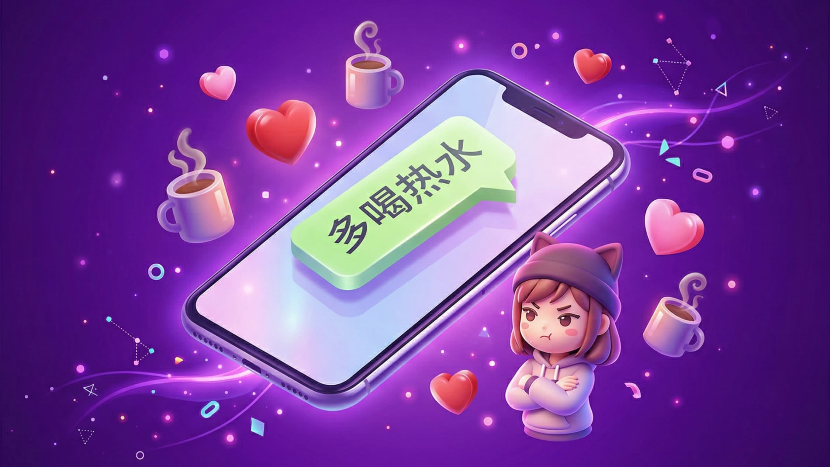 A humorous 3D illustration of a digital chat bubble on a smartphone screen showing the text '多喝热水' (Drink more hot water) surrounded by floating hearts and a slightly annoyed-looking anime character.