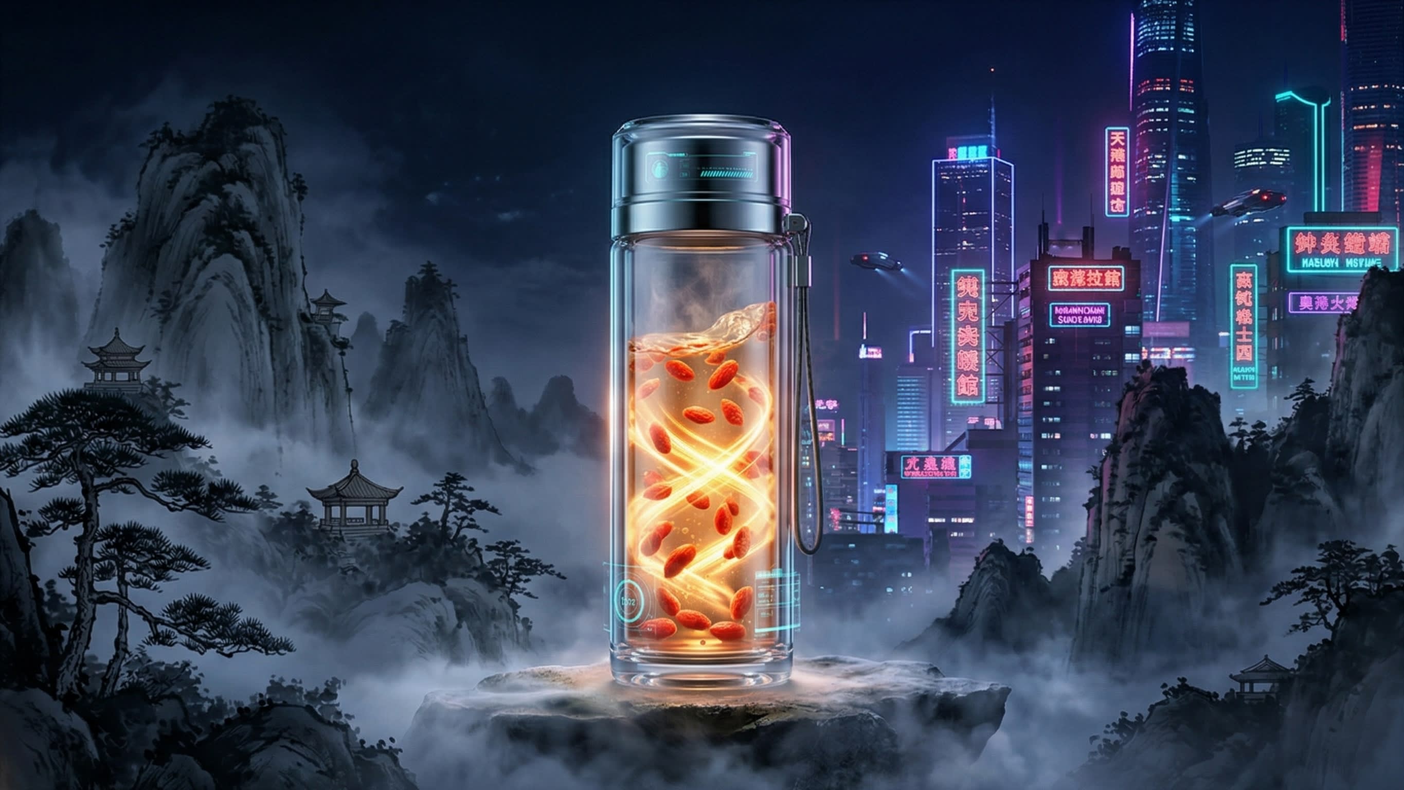 A vibrant, 3D cinematic rendering of a glowing, translucent thermos bottle. Inside, stylized energy waves and floating goji berries represent the 'Qi' and health benefits. The background is a mix of traditional Chinese ink wash painting and modern neon city lights.