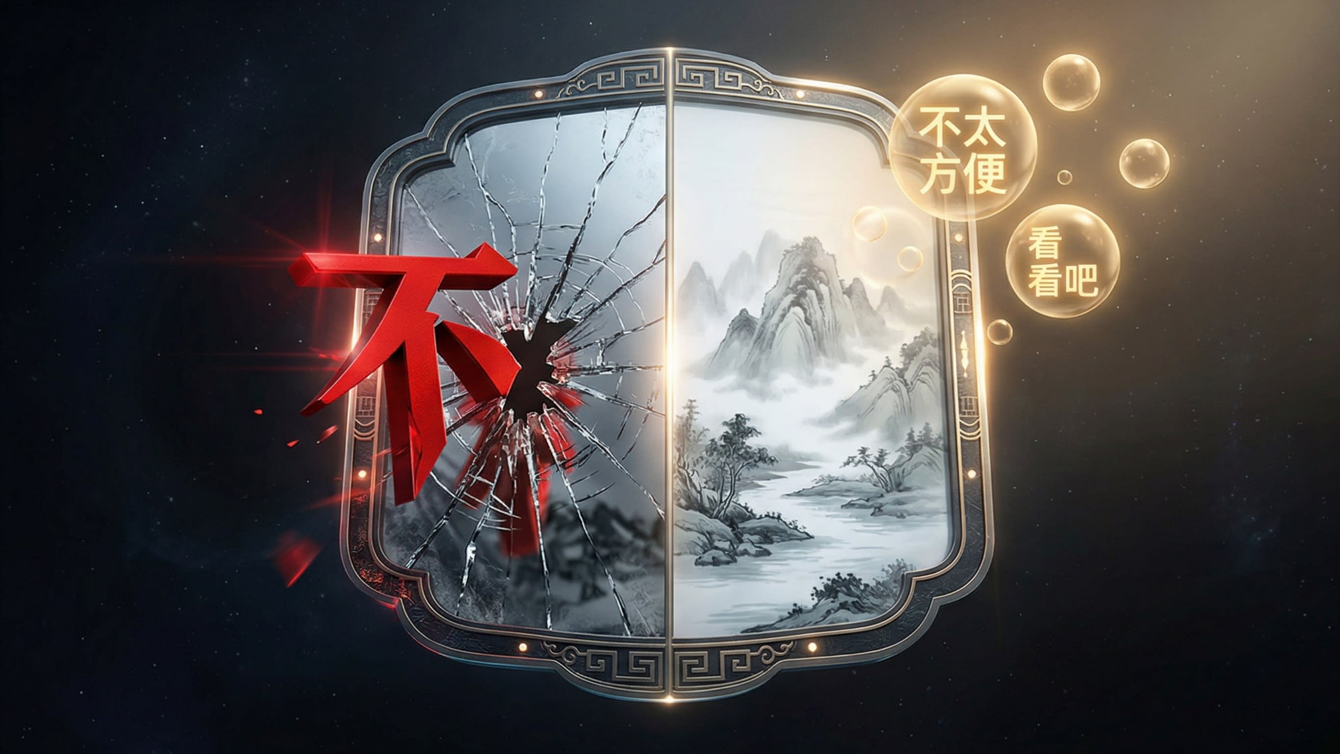 A breathtaking 3D digital illustration of a 'Social Mirror' floating in a starry void. One side of the mirror shows a sharp, red Chinese character for 'No' (不) causing a jagged crack. The other side shows soft, golden, glowing bubbles containing phrases like '不太方便' and '看看吧' floating peacefully through a calm, traditional ink-wash landscape. This represents the duality of direct versus indirect communication.
