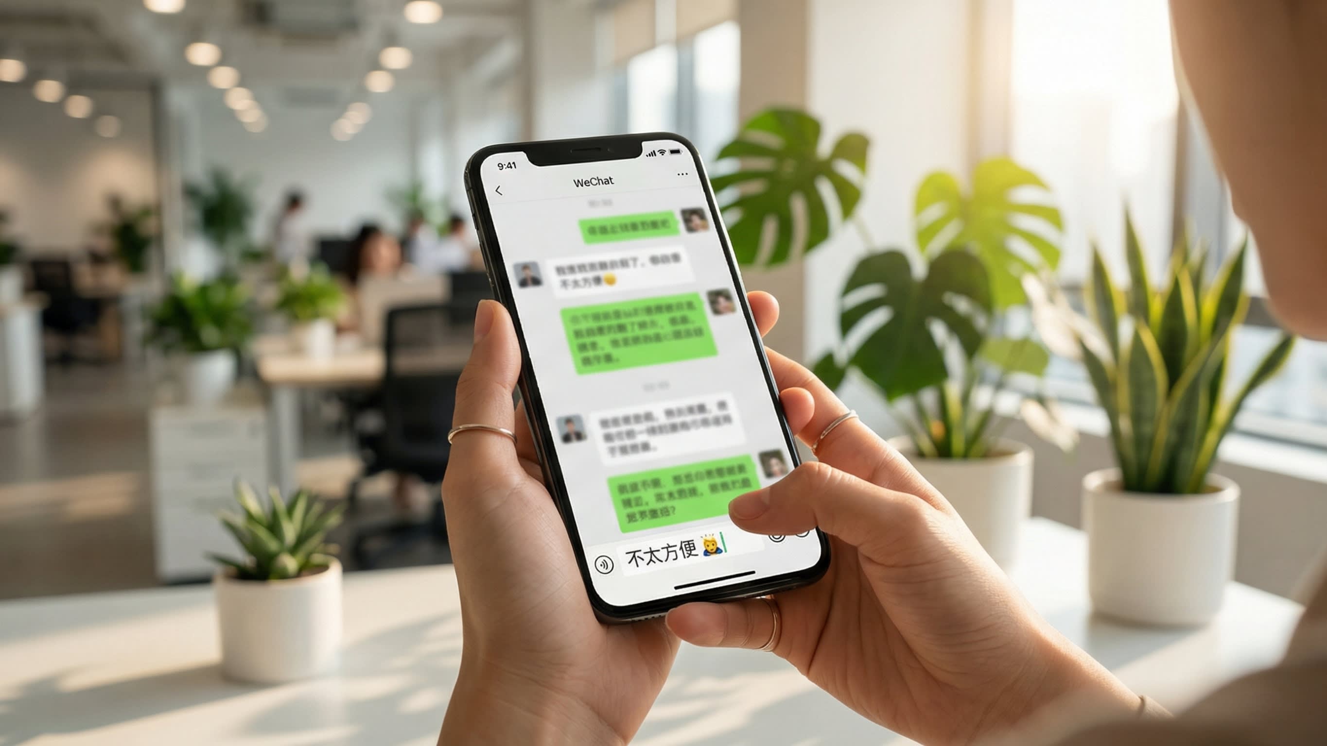 A close-up shot of a person's hands in a modern, plant-filled office typing a WeChat message on a glowing smartphone. The screen clearly shows the phrase '不太方便' (not very convenient) with a friendly emoji, illustrating the modern way of digital refusal.