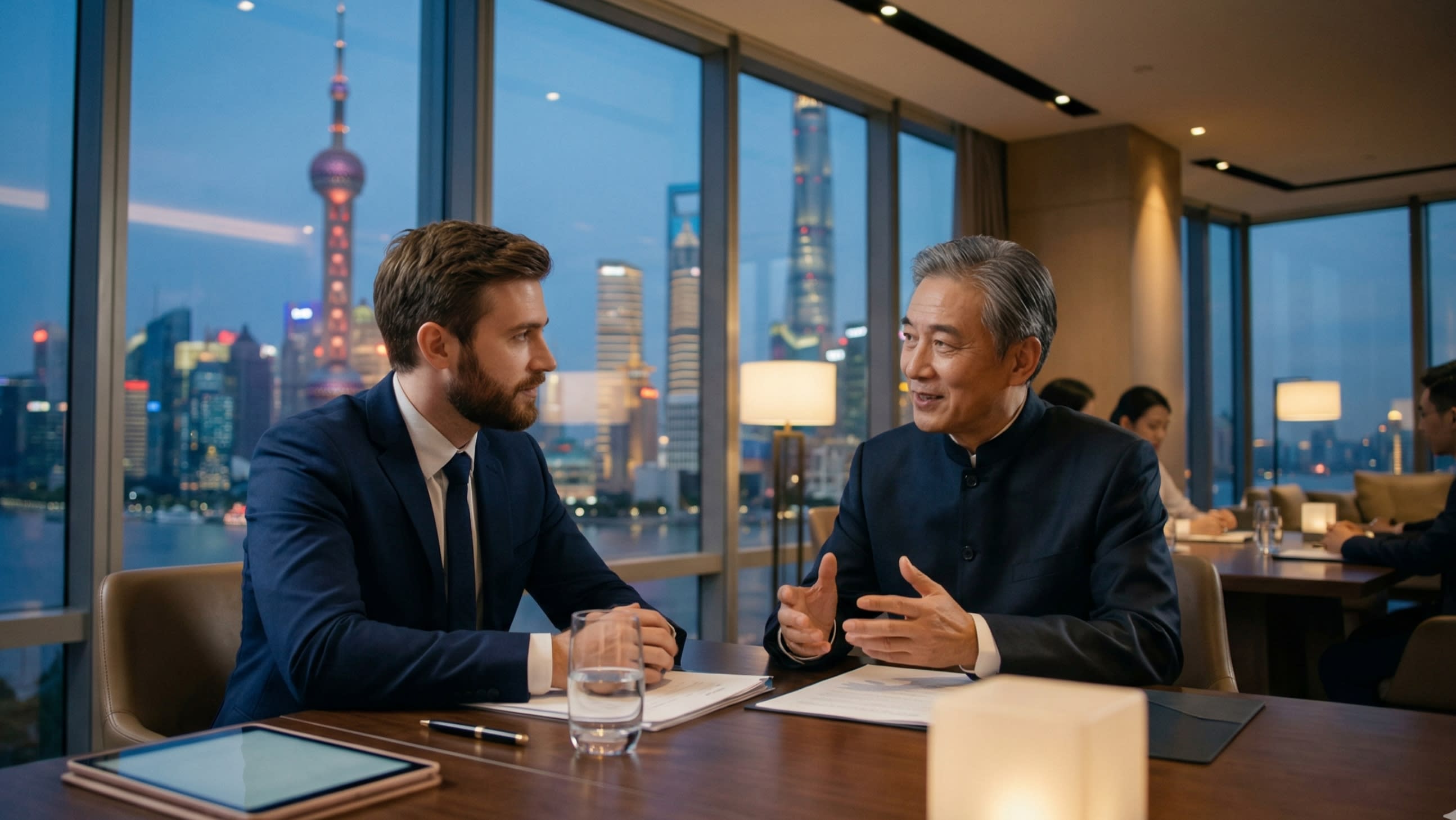A cinematic photography shot of a high-end business meeting in a skyscraper overlooking the Shanghai skyline at dusk. A professional international expat is engaged in a respectful conversation with an older Chinese executive. The lighting is warm and sophisticated, focusing on the subtle, polite facial expressions that define high-stakes cultural negotiation.