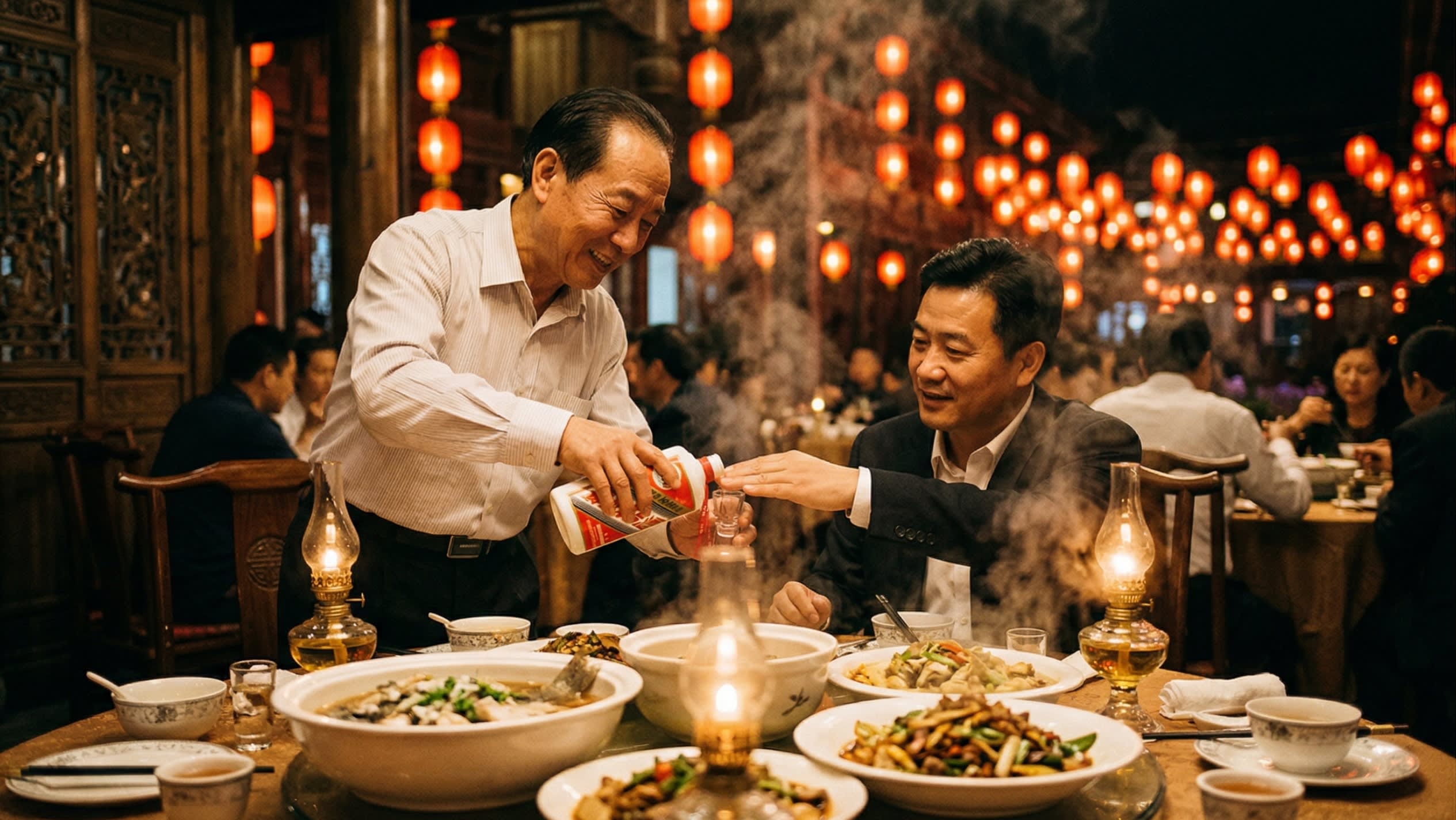 Atmospheric photography of a traditional Chinese banquet table at night. A guest is politely placing their hand over their glass to decline a pour of Baijiu from a host. The background features glowing red lanterns and a warm, inviting glow, capturing the essence of respectful social refusal.