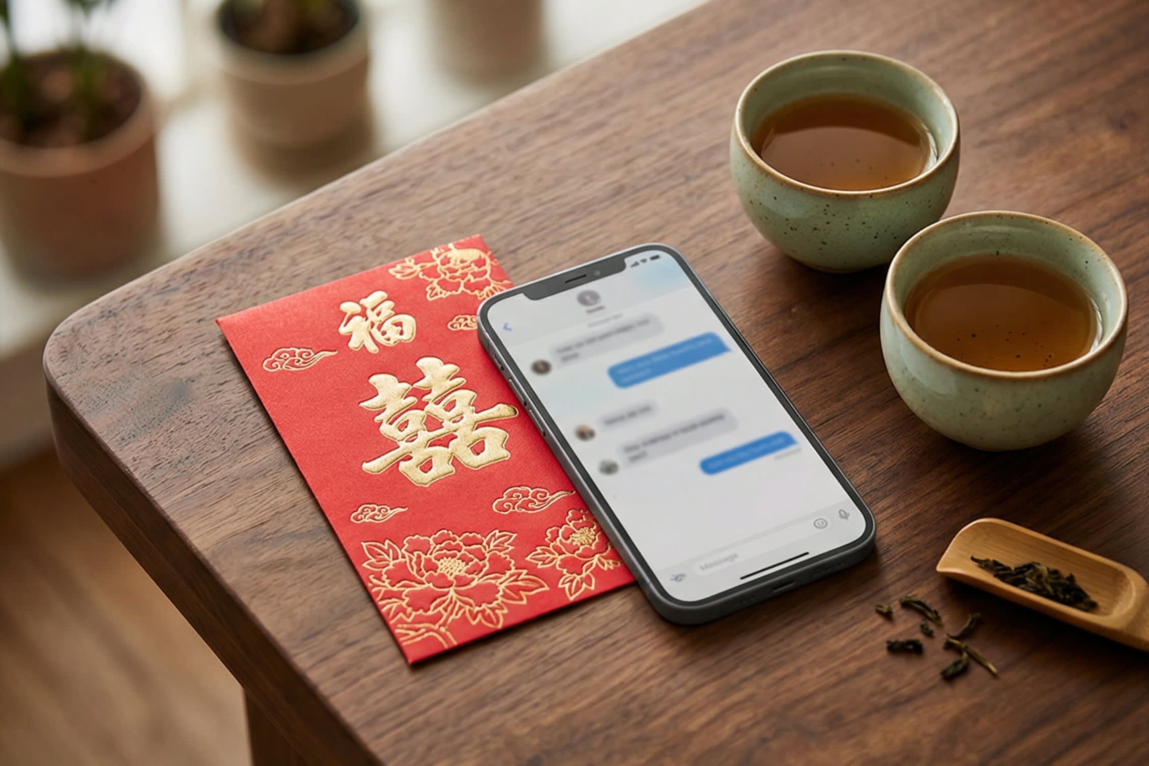 A beautiful, high-quality editorial still-life photography shot representing modern Chinese dating. On a warm wooden table, a modern smartphone displaying a chat interface sits next to a traditional Chinese red envelope (Hongbao) and two cups of premium tea. The lighting is soft and romantic, perfectly balancing traditional expectations with modern digital romance.