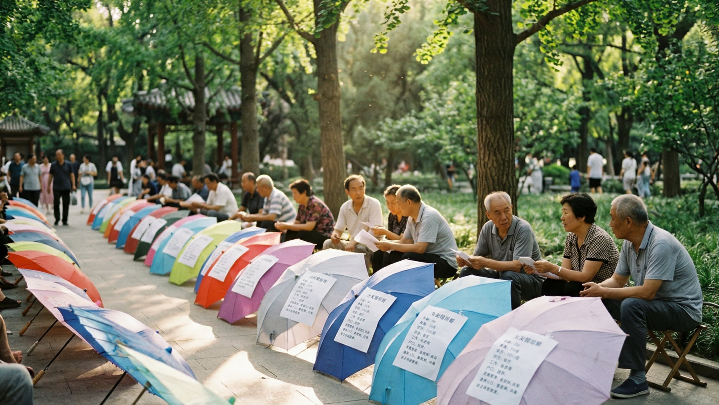 A cinematic, highly authentic documentary-style photograph of a 'Marriage Market' in a Chinese park. Anxious-looking parents are sitting on folding stools behind open umbrellas. Attached to the umbrellas are neatly printed papers containing the 'dating resumes' of their children. The sunlight filters through the trees, highlighting the tension and cultural uniqueness of the scene.