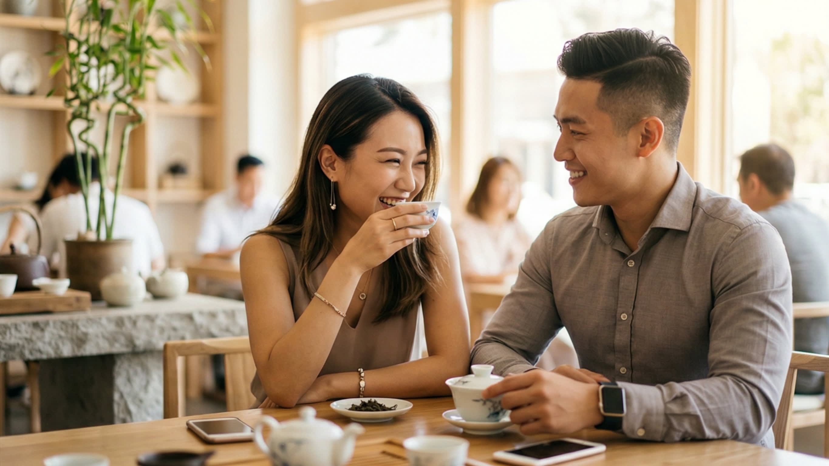 A bright, engaging lifestyle shot of two young, stylish Chinese professionals sitting at a trendy local teahouse. They are drinking premium tea, smiling genuinely, and clearly enjoying a successful, modern date, contrasting sharply with the pressure of the marriage markets.