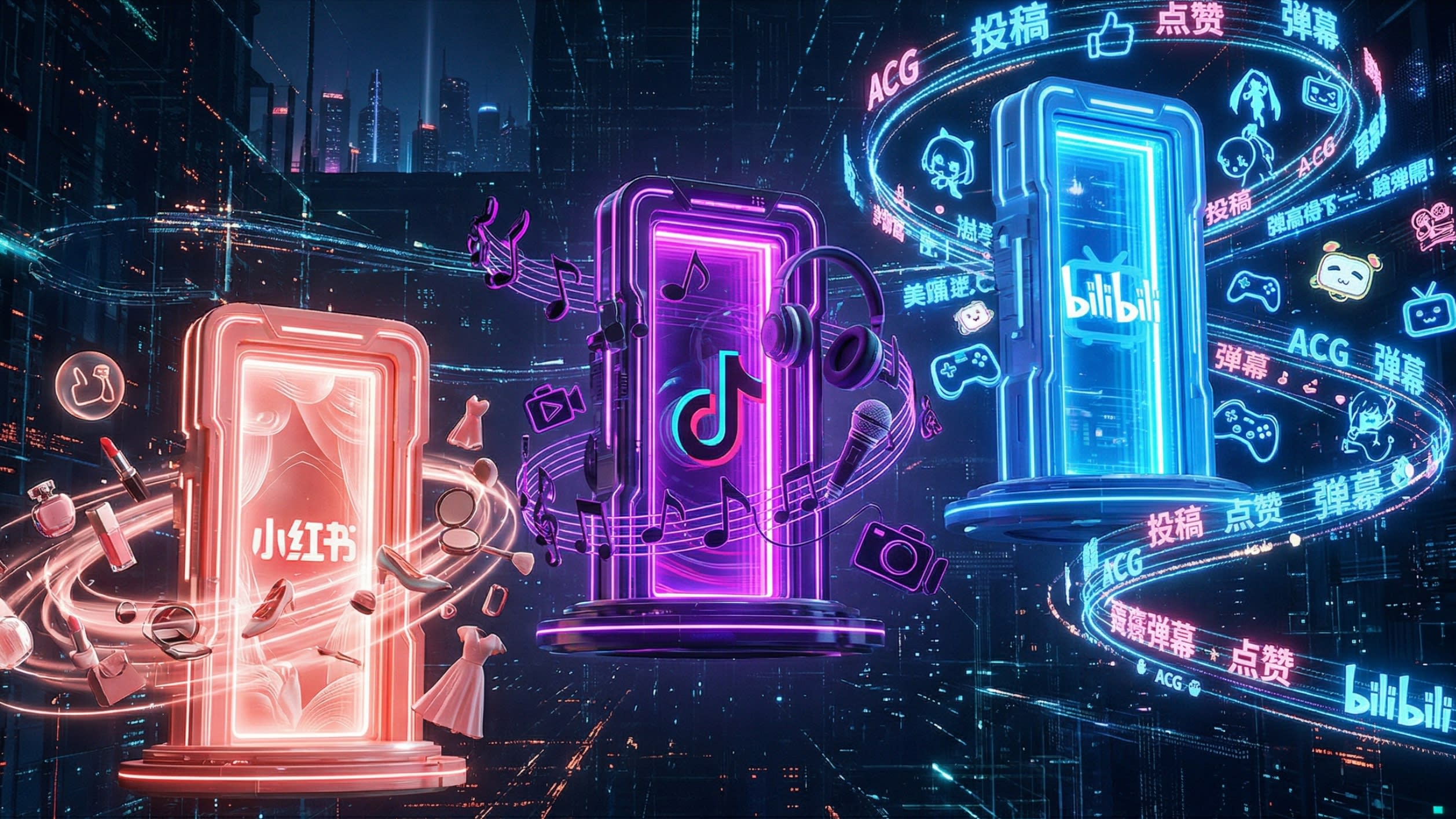 A breathtaking, hyper-detailed 3D digital illustration of three futuristic, glowing gateways floating in a dark cyberspace void. The left gateway glows with red aesthetics and fashion icons (Xiaohongshu). The center gateway pulses with aggressive neon musical notes and live-streaming symbols (Douyin). The right gateway radiates blue light with anime symbols and flying 'bullet comment' text (Bilibili). A true masterpiece of digital culture mapping.
