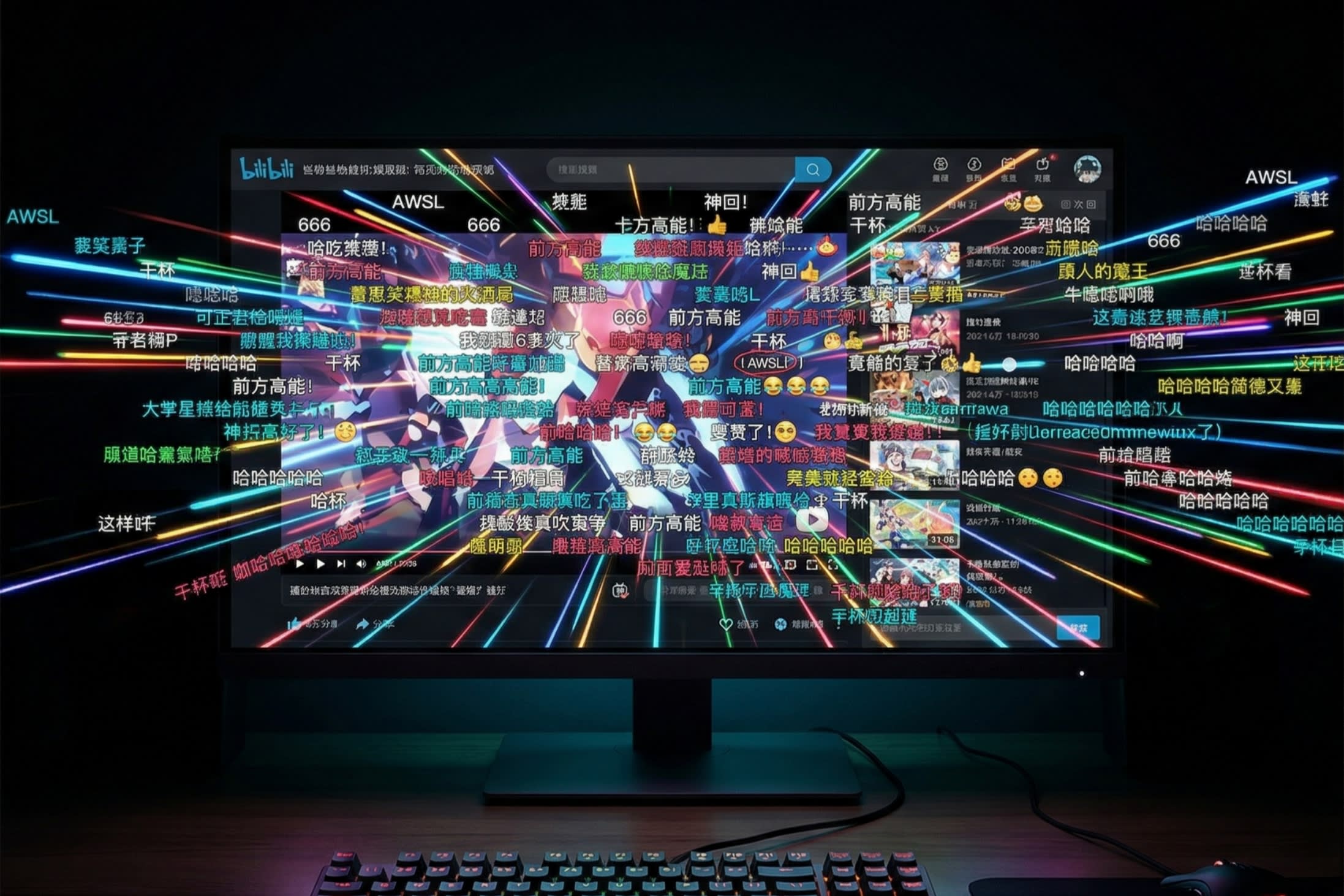 A high-contrast, visually engaging graphic of a computer screen playing a video. The screen is almost completely covered by colorful lines of text shooting horizontally across the video from right to left. This perfectly illustrates the chaotic, communal feeling of Bilibili's 'Danmu' (Bullet comments).