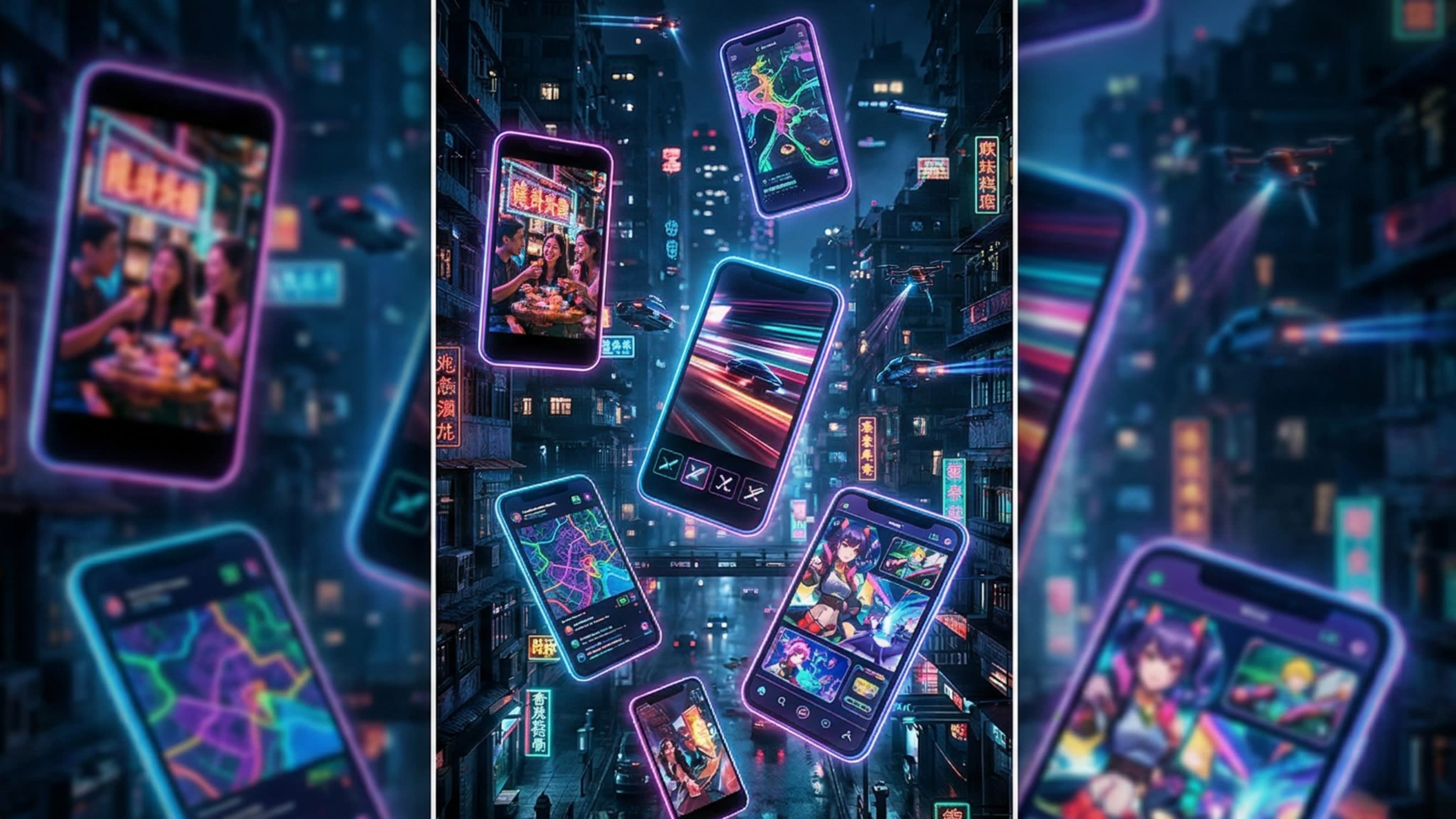 A cinematic, highly detailed 3D digital illustration of glowing neon smartphone screens floating in a futuristic cityscape. The screens display vibrant, abstract representations of lifestyle posts, short videos, and anime-style comments, representing the vibrant Chinese digital ecosystem.