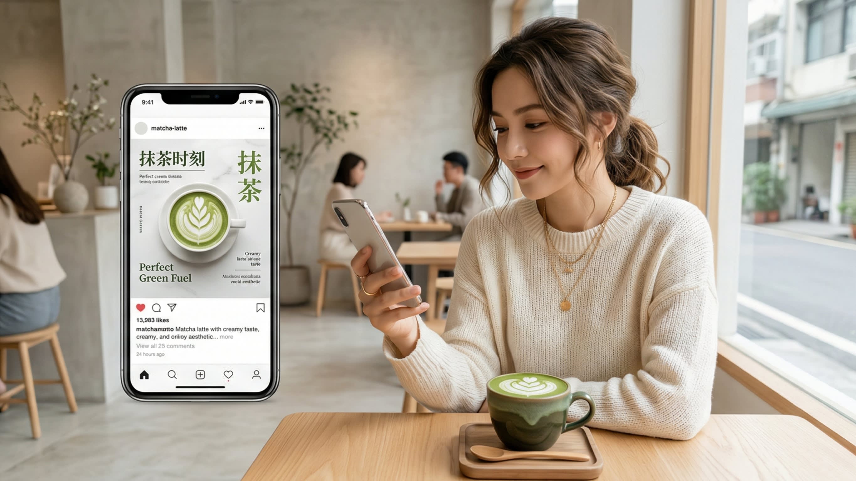 A bright, highly aesthetic editorial photography shot of a stylish young woman holding a smartphone. On the screen, a beautifully curated Xiaohongshu-style post about a matcha latte is visible. The real-life latte sits perfectly arranged on the table next to her, capturing the 'Zhongcao' aesthetic.
