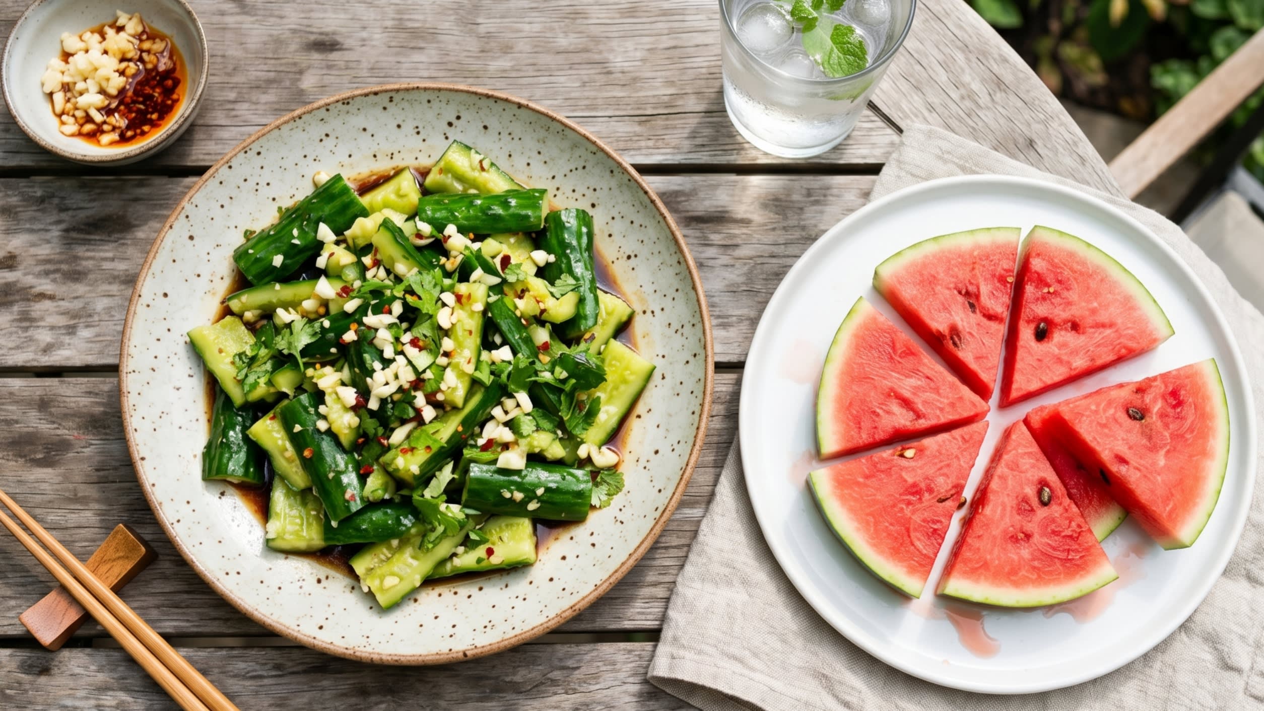 A top-down view of a classic Chinese summer appetizer: smashed cucumbers tossed in garlic and dark vinegar, alongside freshly cut watermelon slices (16:9 ratio)