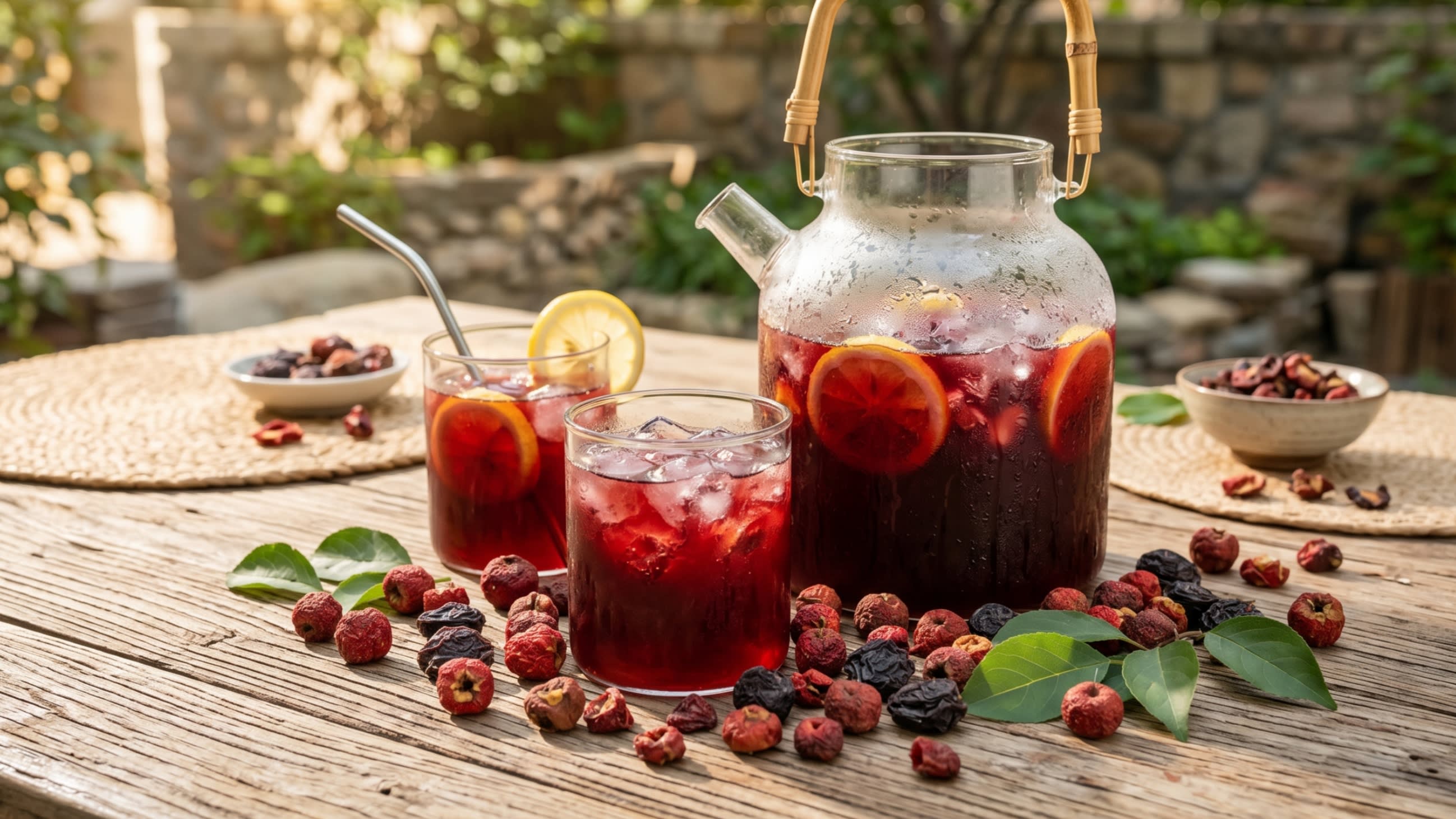 A glass pitcher and two cups filled with iced, deep-ruby Sour Plum Drink (Suanmeitang), surrounded by dried hawthorn berries and smoked plums on a wooden table (16:9 ratio)