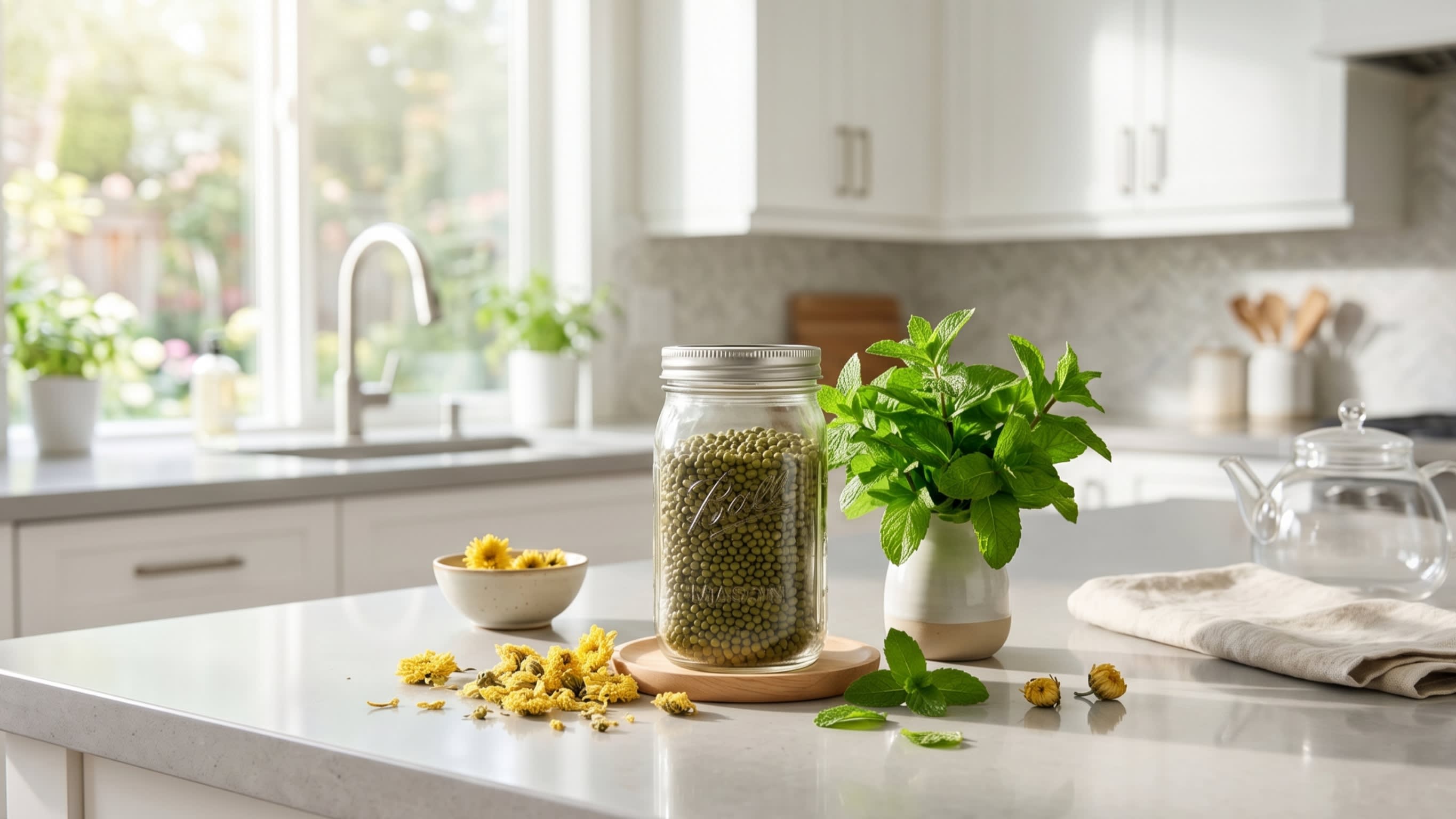 A modern kitchen counter showing dried green mung beans in a glass jar, fresh mint, and dried chrysanthemum flowers ready for brewing (16:9 ratio)