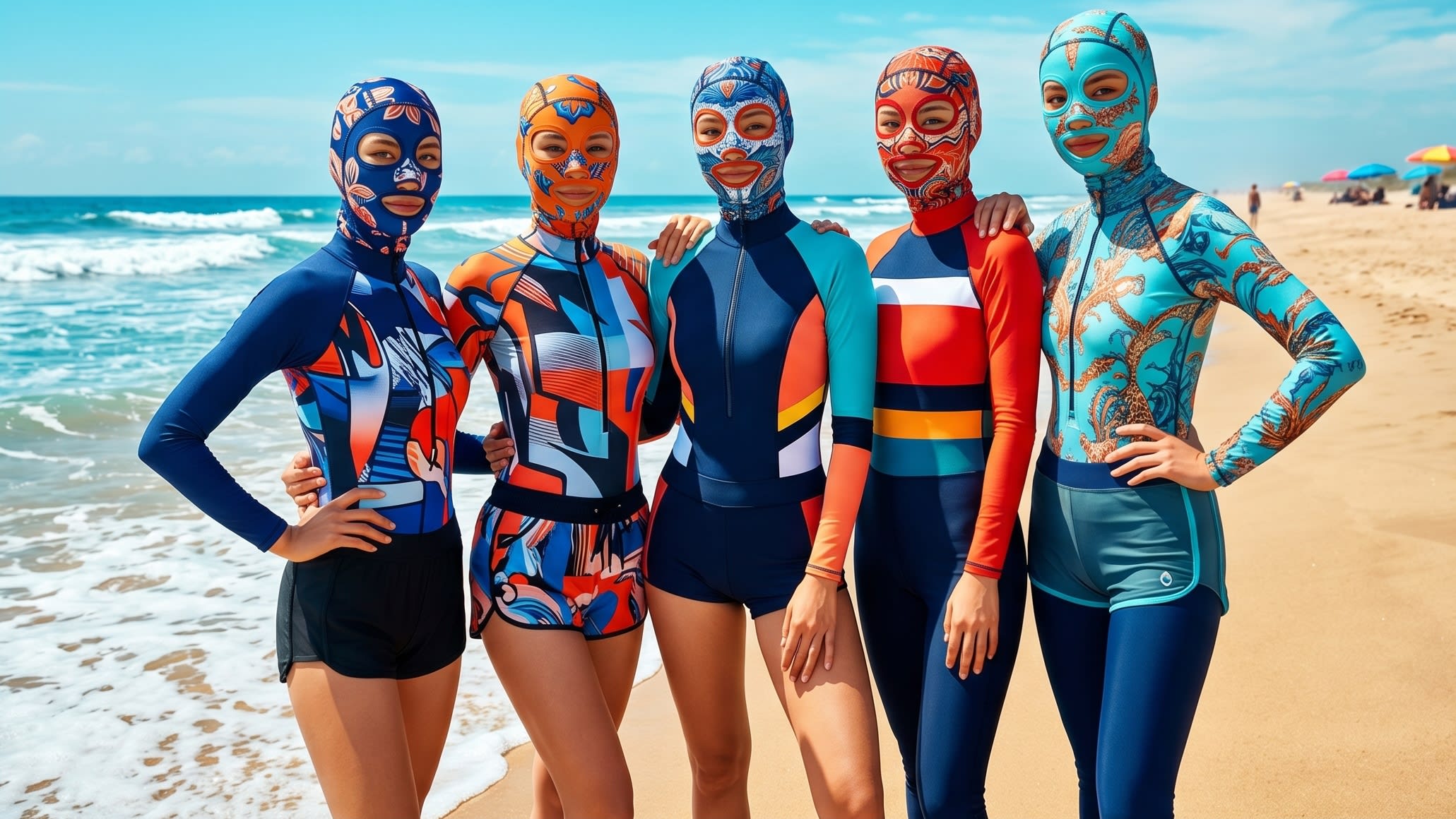 A vibrant beach scene in Qingdao showing several women confidently wearing colorful, patterned Facekinis and full-body swimsuits by the ocean (16:9 ratio)