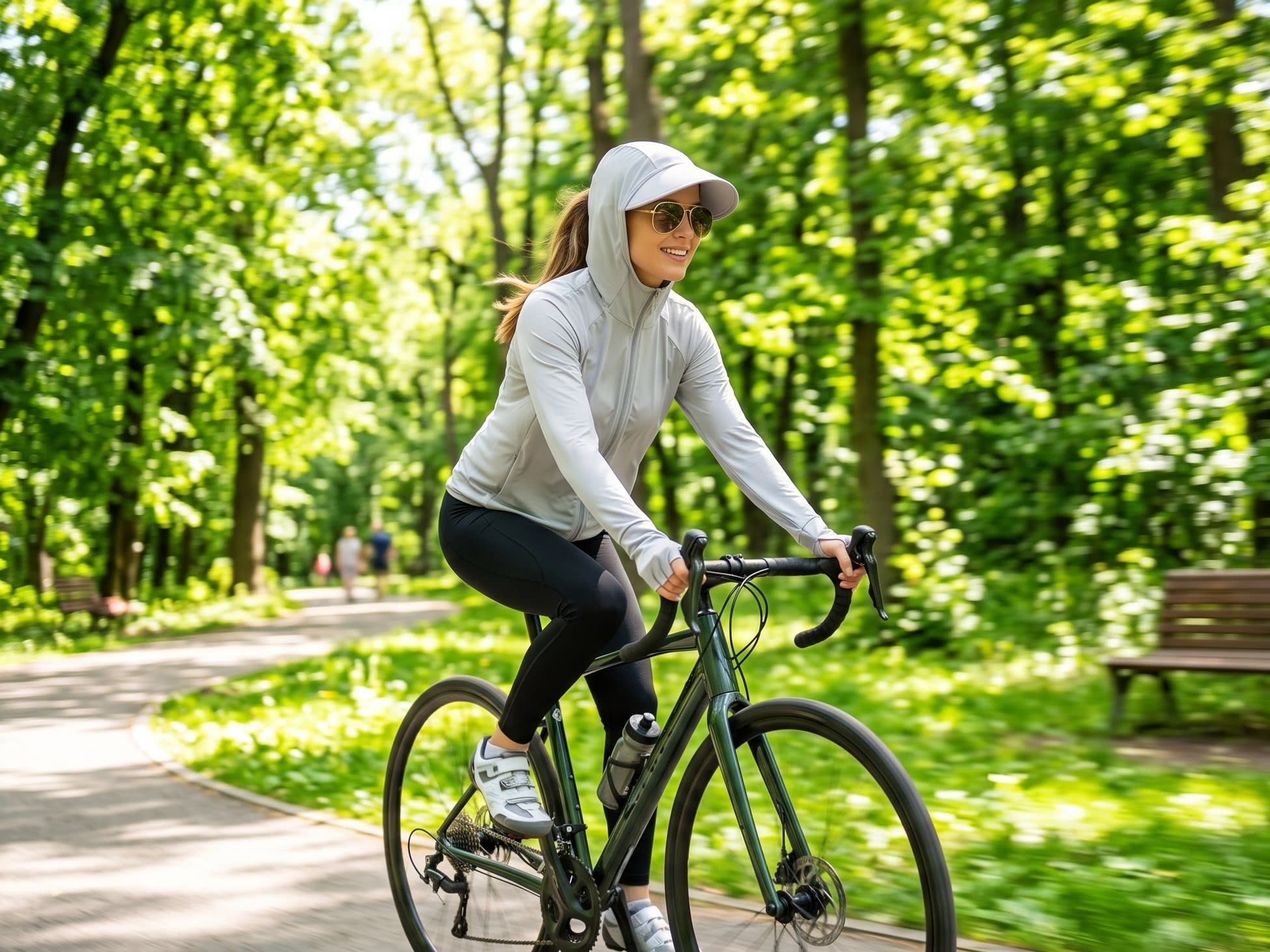 A dynamic shot of a young woman cycling in a park, wearing a lightweight, breathable 'Ice Silk' sun jacket that covers her hands, paired with sunglasses (16:9 ratio)