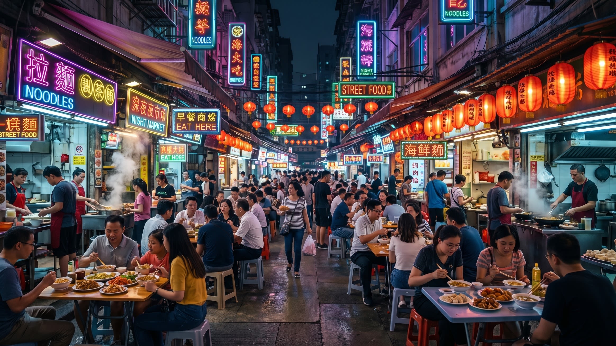 A breathtaking, cinematic wide shot of a bustling Chinese night market illuminated by glowing neon signs and red lanterns, with crowds of people enjoying street food under the cool night sky (16:9 ratio)